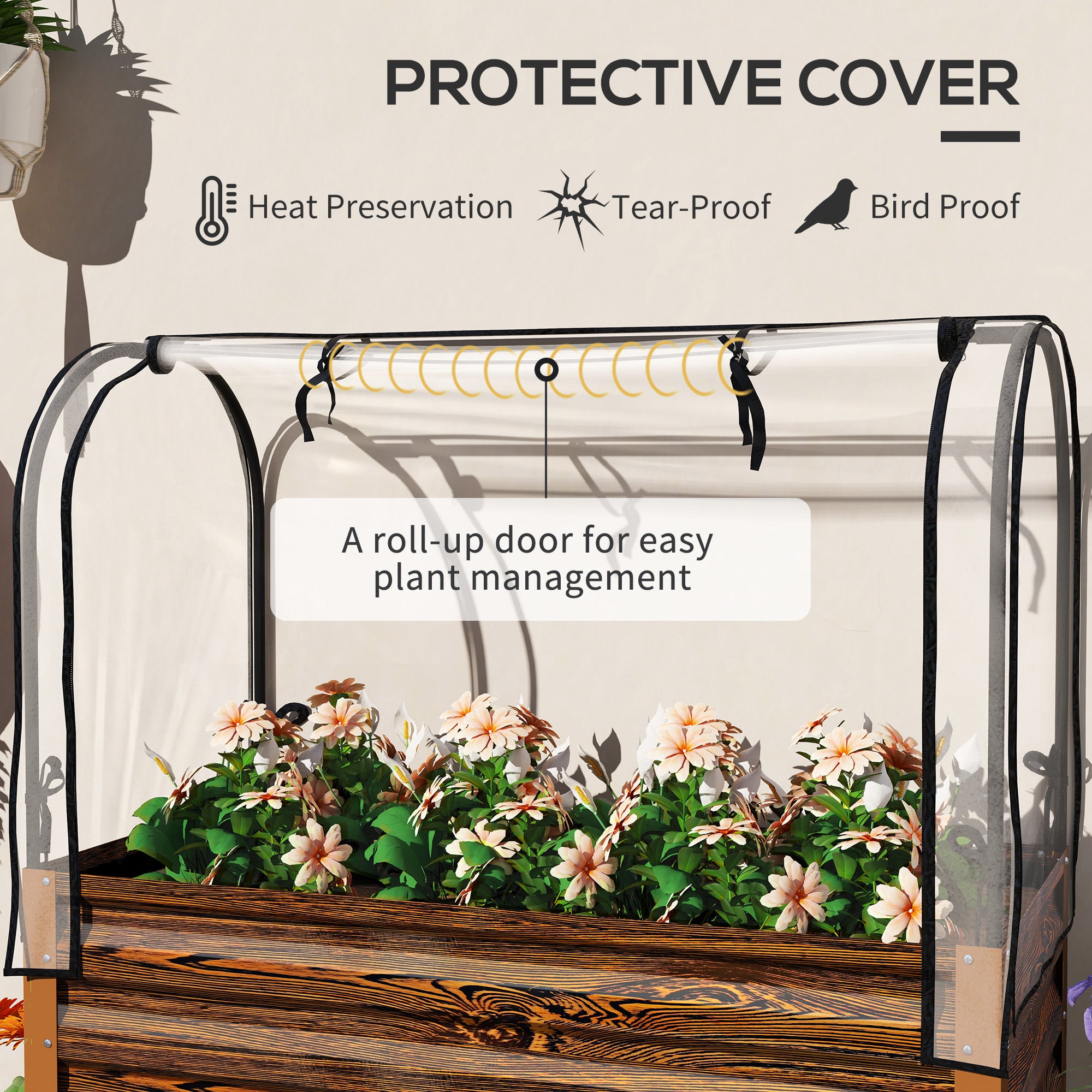 Raised Garden Bed with Legs and Cover, Metal Elevated Planter Box with Bottom Shelf and Liner for Vegetables, Brown