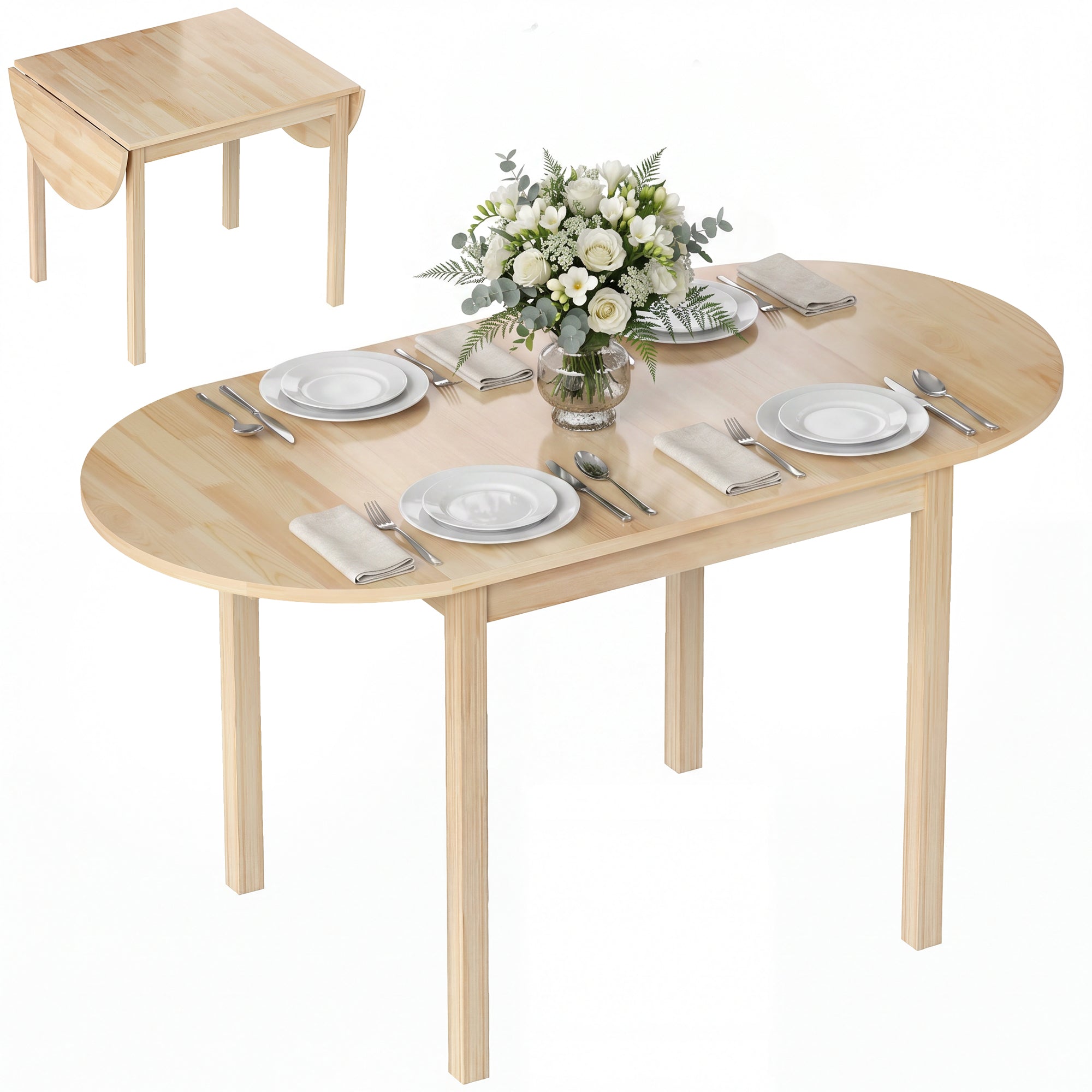 55" Wood Kitchen Table, Drop Leaf Tables for Small Spaces, Natural