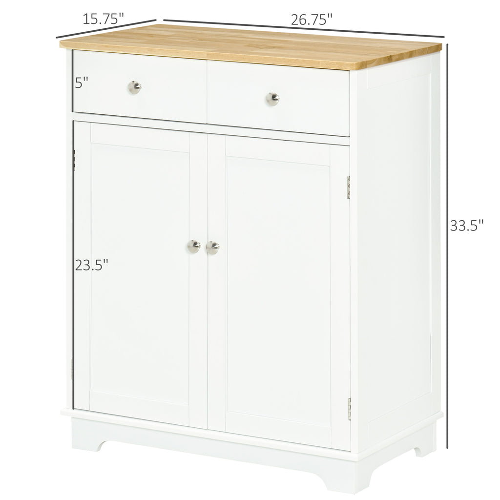 Kitchen Storage Cabinet, Sideboard Floor Cupboard with Solid Wood Top, Adjustable Shelf, and 2 Drawers for Living Room, and Hallway, White