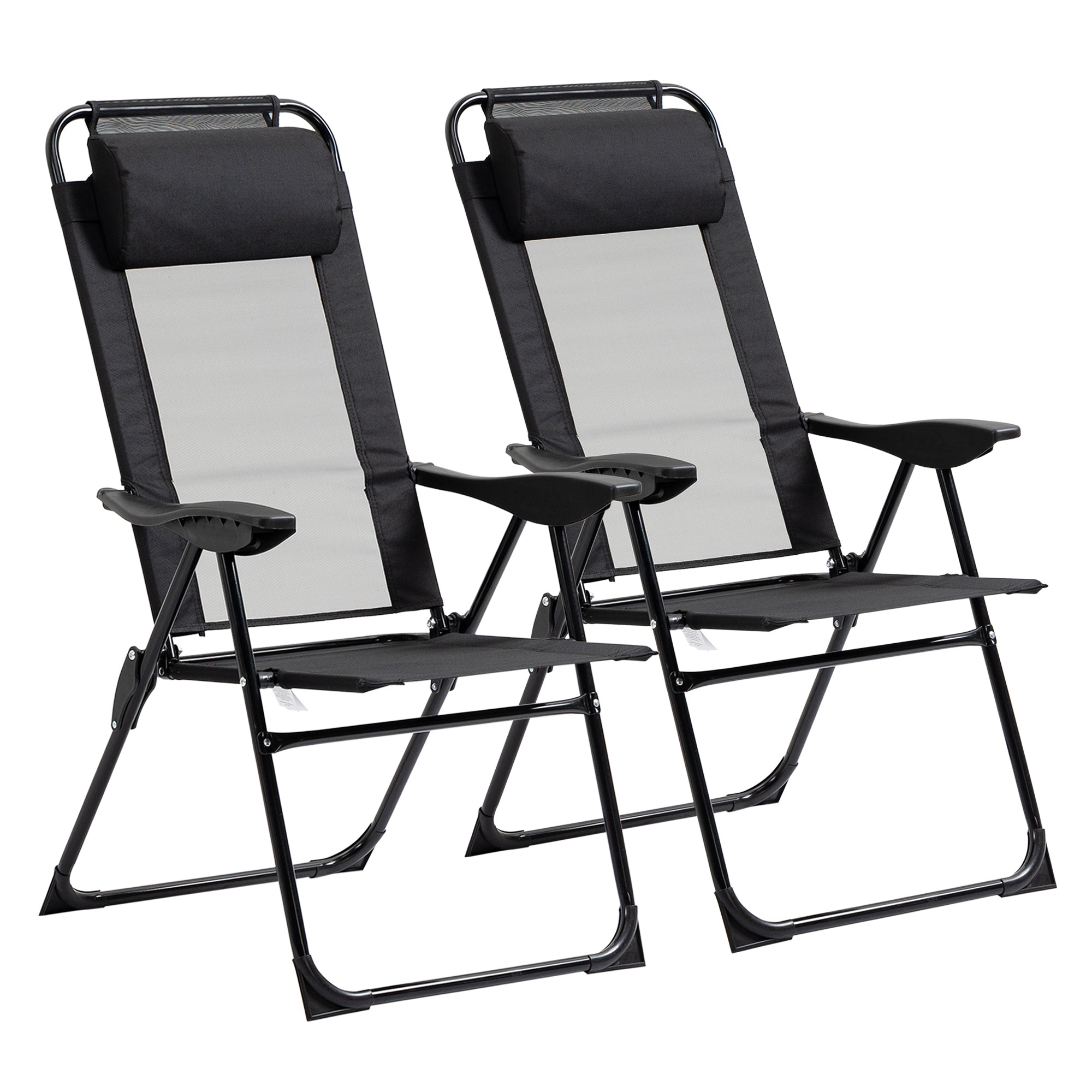 Folding Patio Dining Chairs Set of 2, Outdoor Deck Chair with Adjustable Sling Back, Camping Chair with Removable Headrest for Garden, Backyard, Lawn, Black