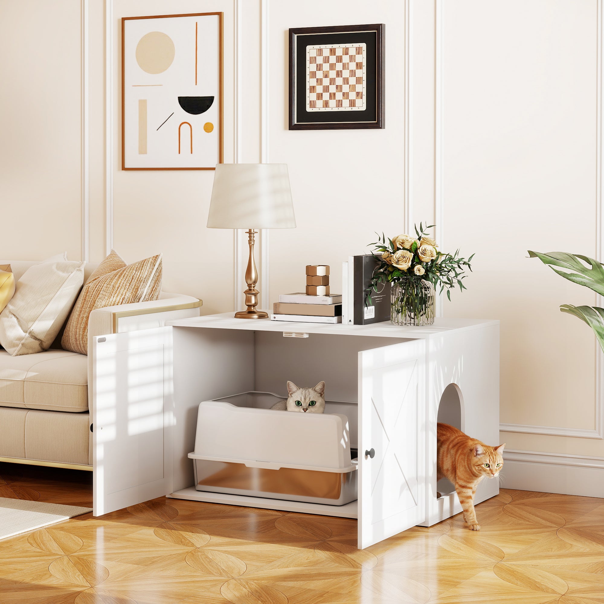 Cat Litter Box Enclosure with Barn Door, Cat Hole, 31.5" x 21" x 20", White