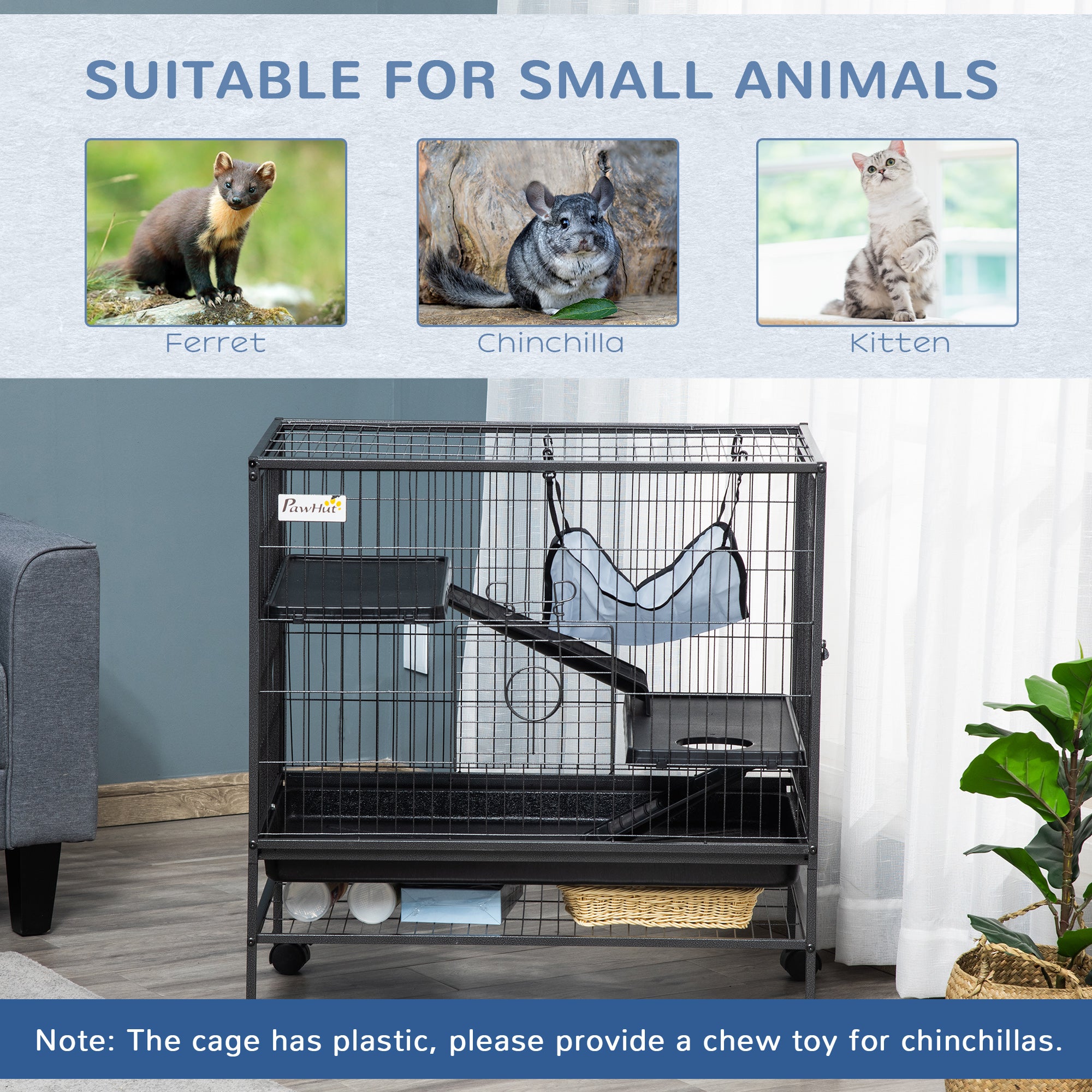 Small Animal Cage with Wheels, Pet Playpen for Rat, Syrian Hamster, Kitten, Ferrets, Chinchillas with Bottom Storage Shelf, Removable Tray, Ramp, 31.5" x 20.5" x 33.1"
