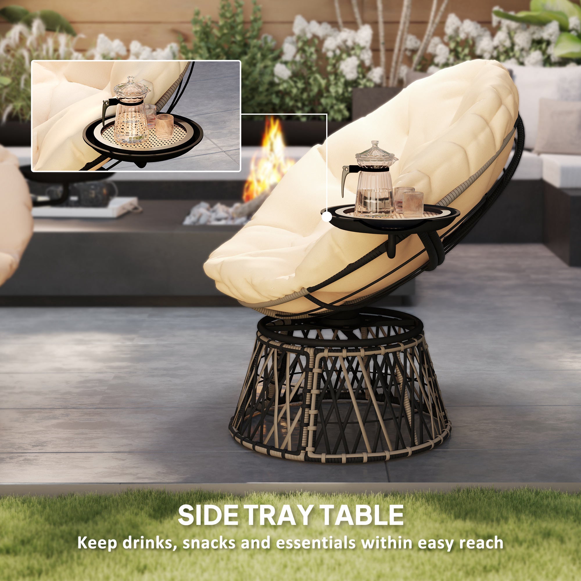 360° Swivel Outdoor Papasan Chair, 39" Overstuffed Circle Chair with Side Tray, Thick Cushion for Indoor Patio, Beige