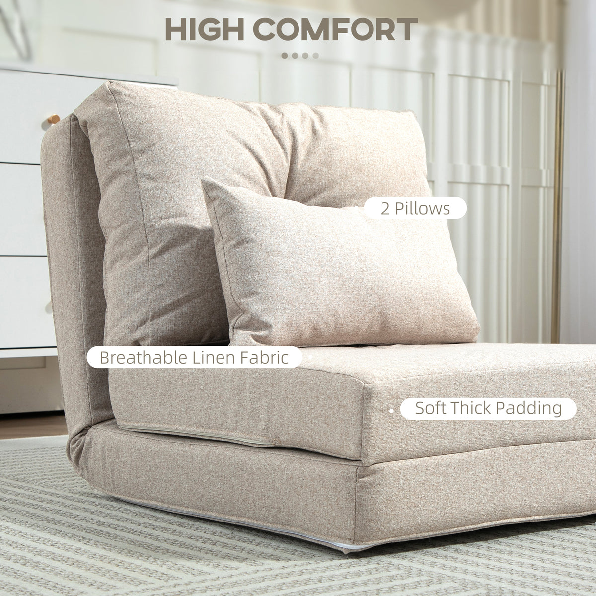 Floor Chair, Convertible Floor Sofa Bed, Folding Upholstered Couch Bed with Adjustable Backrest, Beige