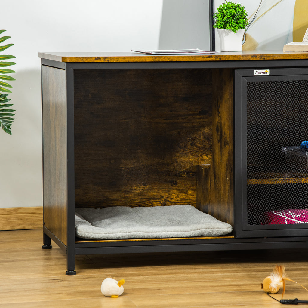 Wooden Cat Crate, Furniture Style Dog Cage, Puppy Kennel Indoor, End Table Pet House with Cushion and Sliding Doors, Rustic Brown