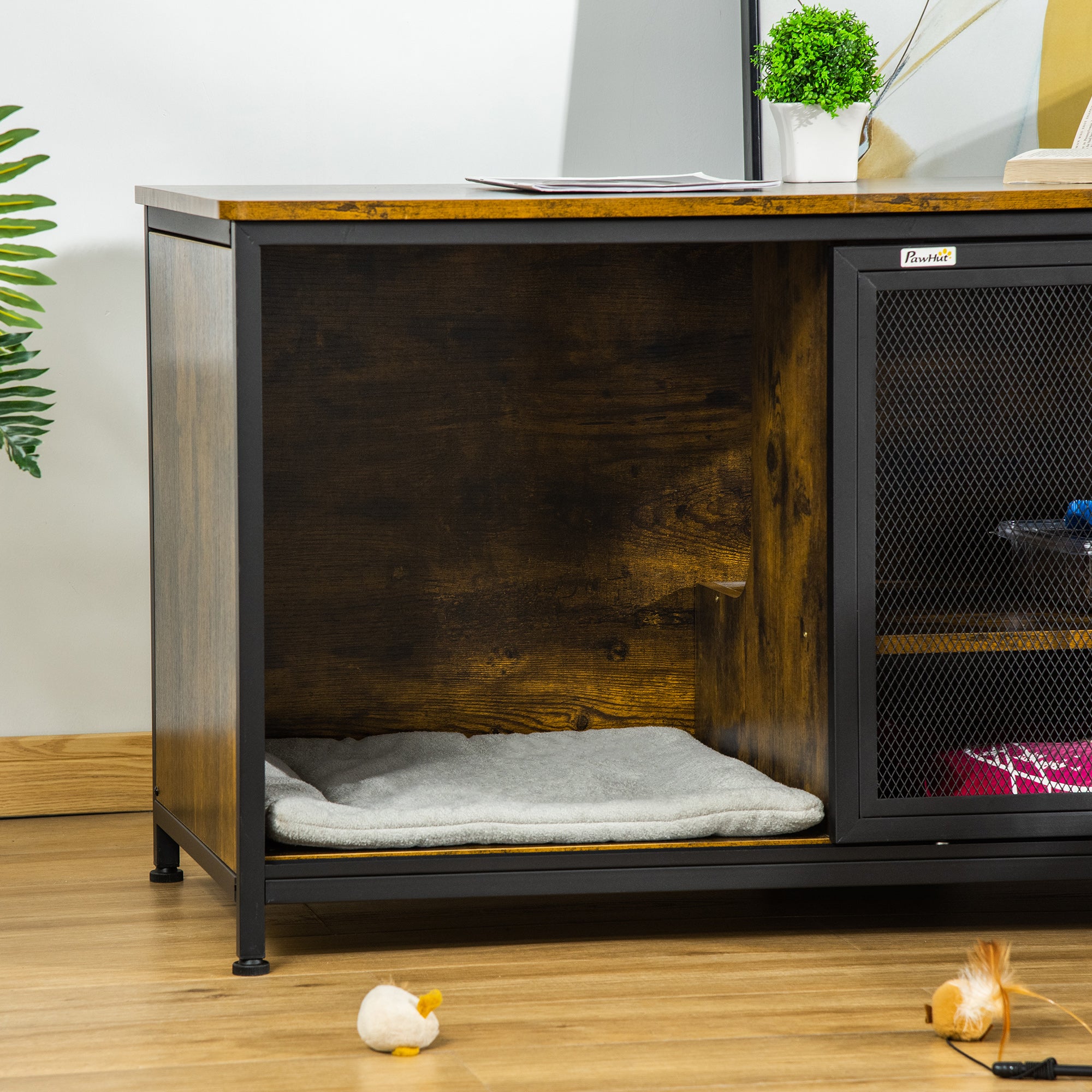 Wooden Cat Crate, Furniture Style Dog Cage, Puppy Kennel Indoor, End Table Pet House with Cushion and Sliding Doors, Rustic Brown