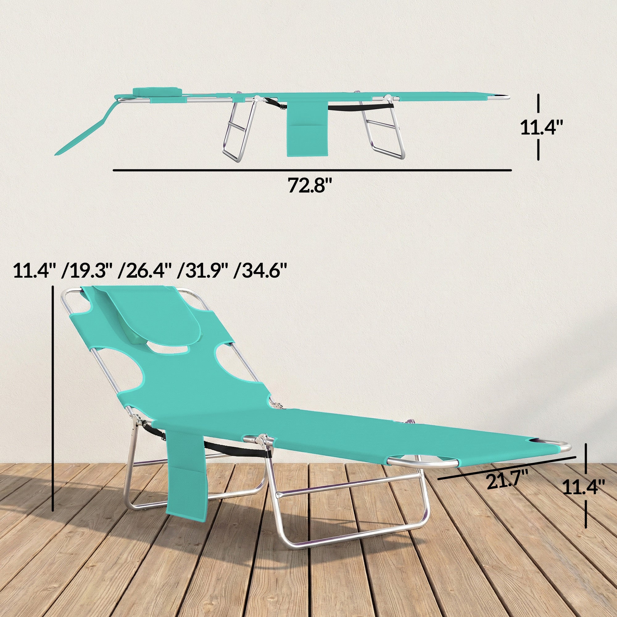 Tanning Chair with Face Hole, 5-Level Adjustable Outdoor Chaise Lounge Chair with Pillow for Beach, Pool, Light Green