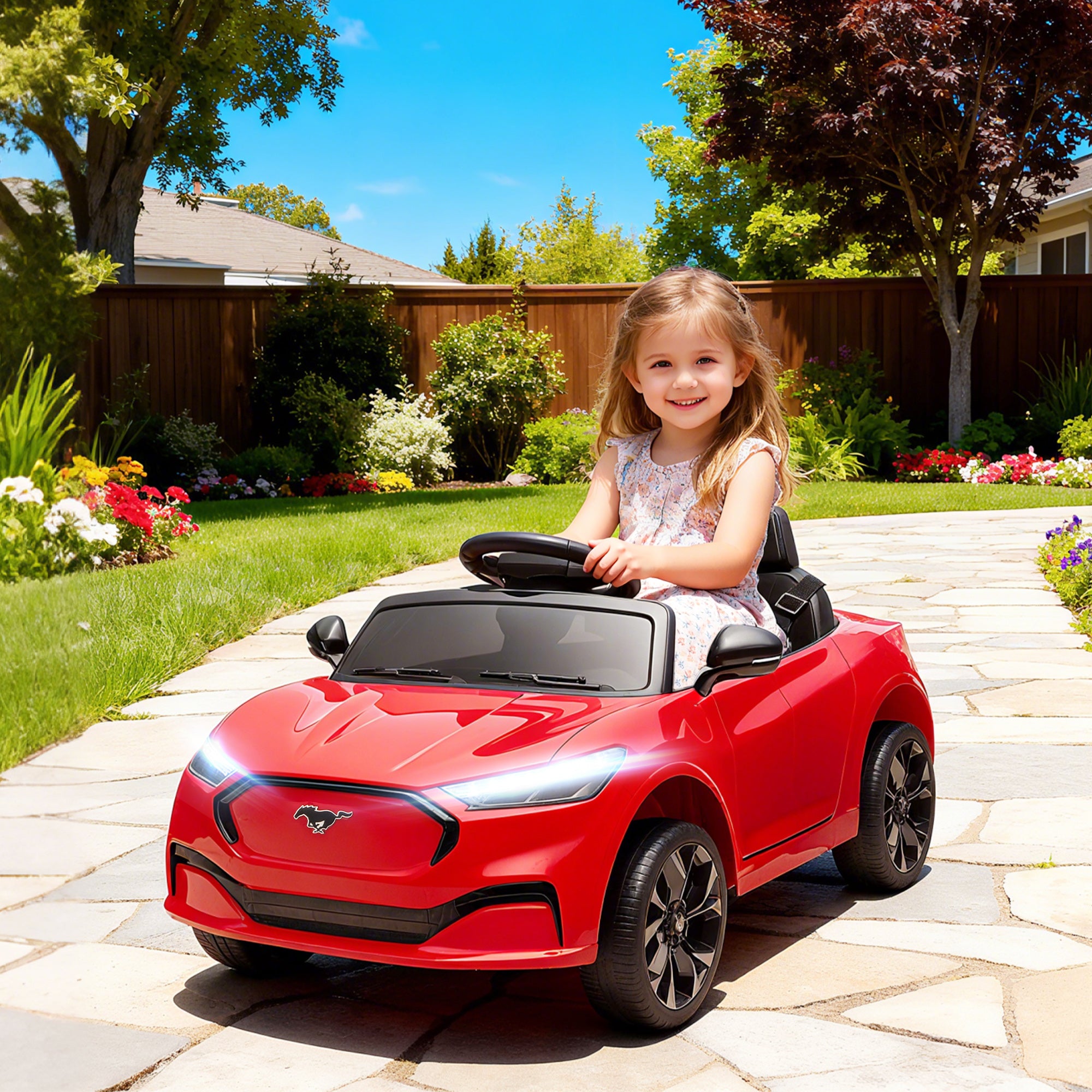 12V Kids Ride On Car, Licensed Mach-E Electric Car with Remote Control, LED Light, Music, Red
