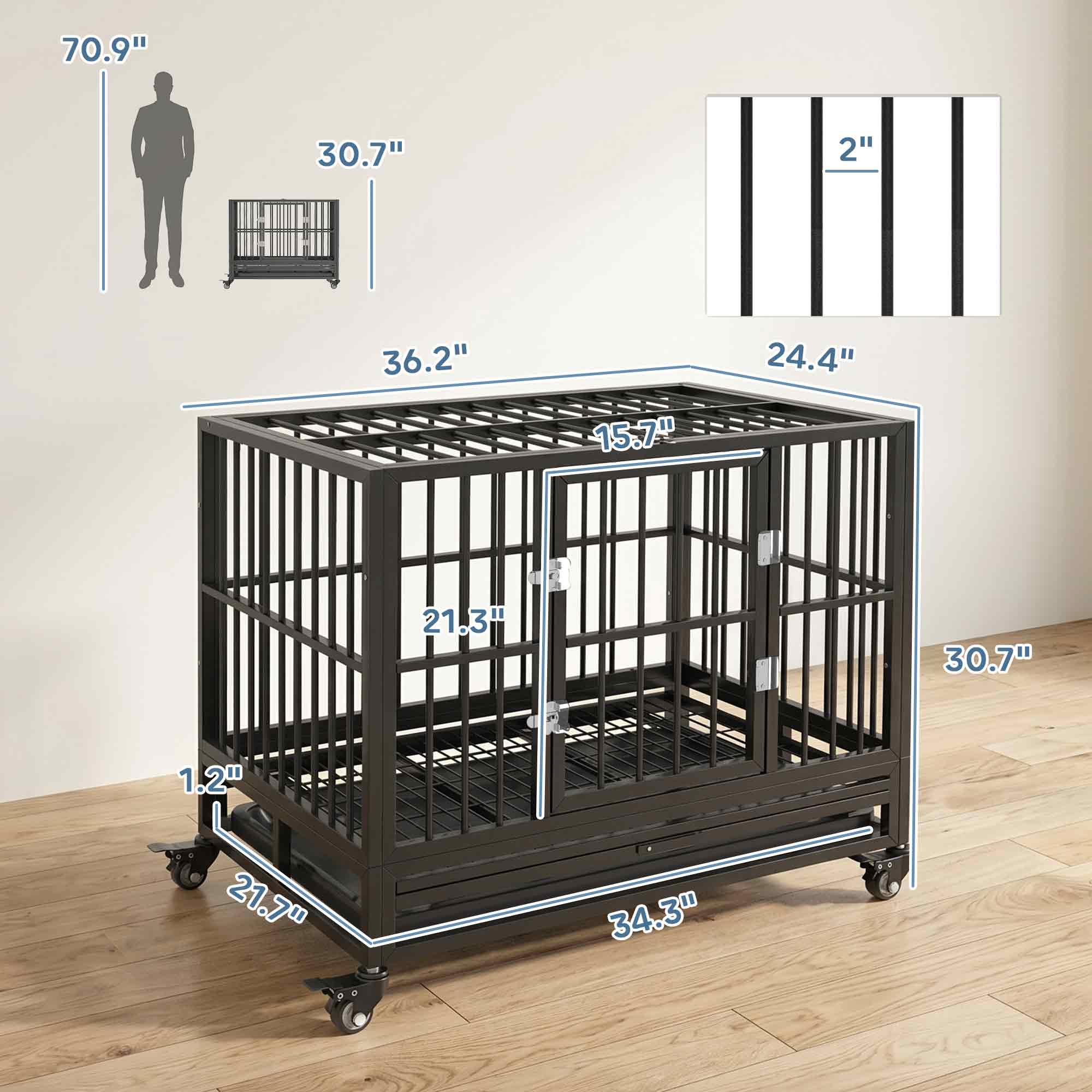 36" Heavy Duty Dog Crate Metal Cage Kennel with Lockable Wheels, Double Door and Removable Tray, Gray