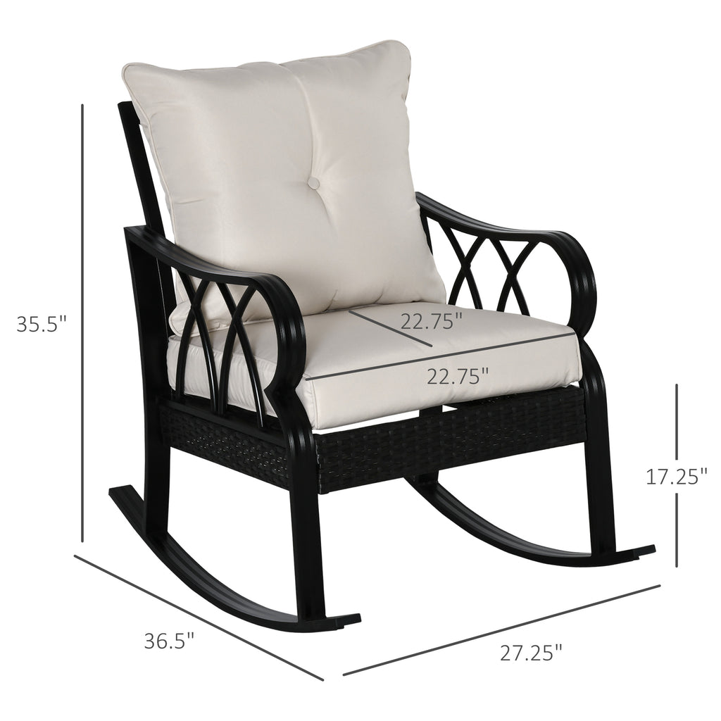 Outdoor Wicker Rocking Chair with Padded Cushions, Aluminum Furniture Rattan Porch Rocker Chair w/ Armrest for Garden, Patio, and Backyard, Khaki