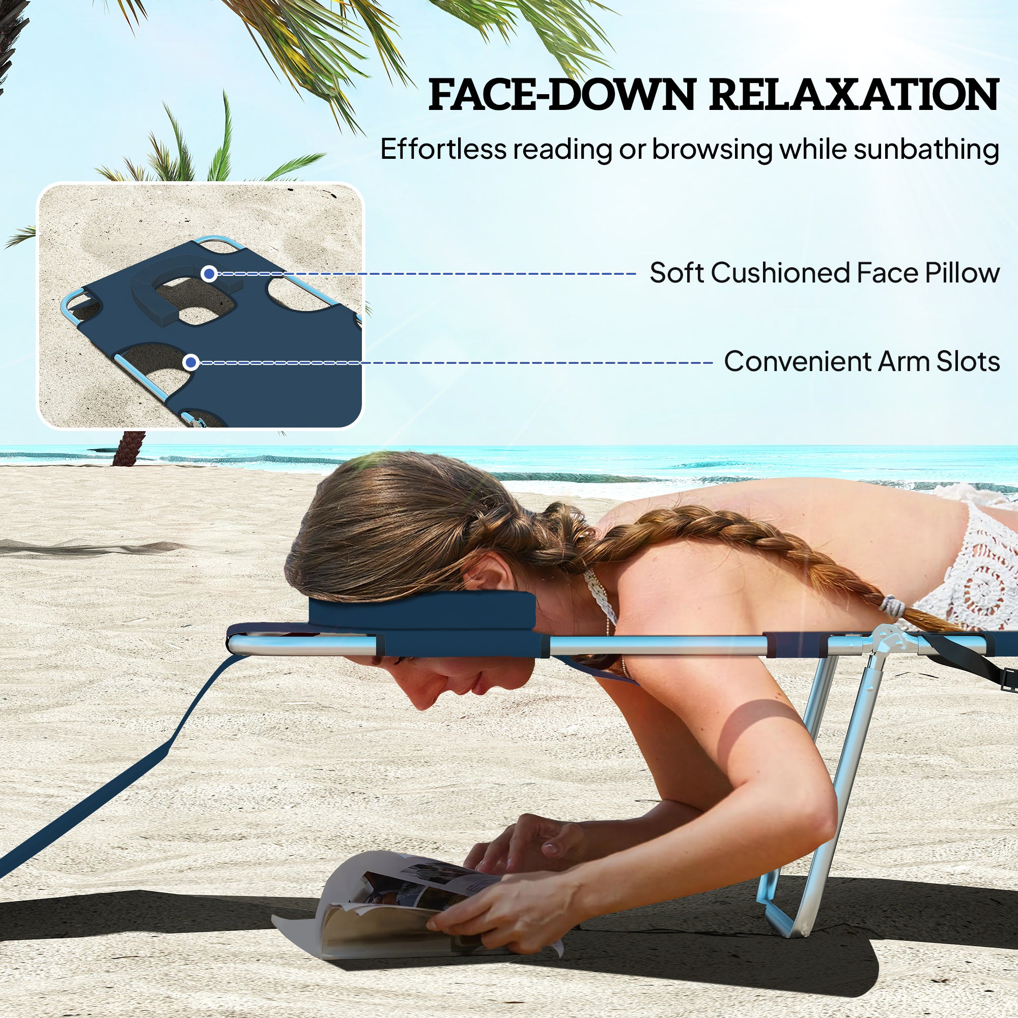 Tanning Chair with Face Hole, 5-Level Adjustable Outdoor Chaise Lounge Chair with Pillow for Beach, Pool, Dark Blue