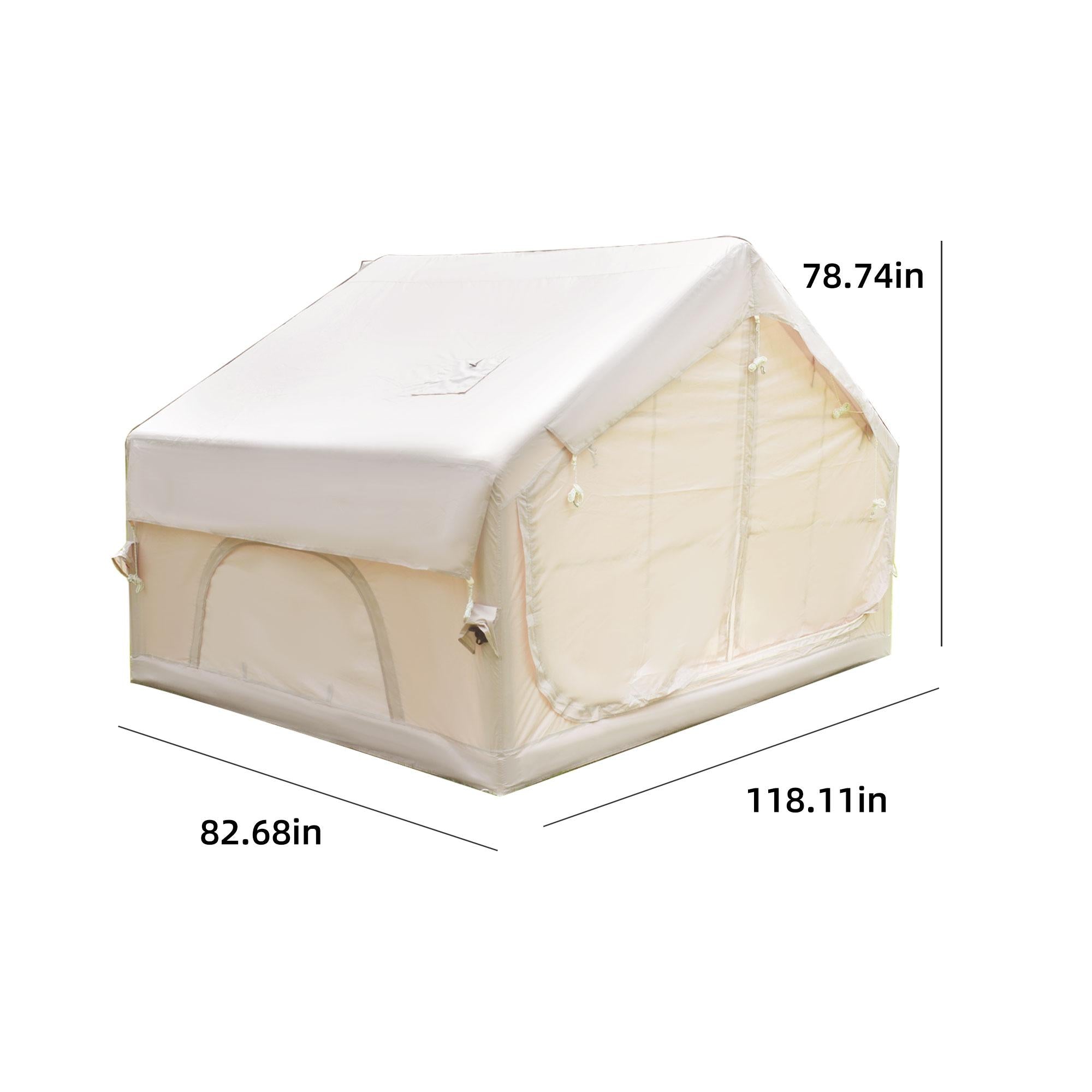 Inflatable 4-Season Camping Tent with Extended Awning, Waterproof Family Tent with Clear Skylight, 118″ L x 82.5″ W x 78.5″ H, Beige