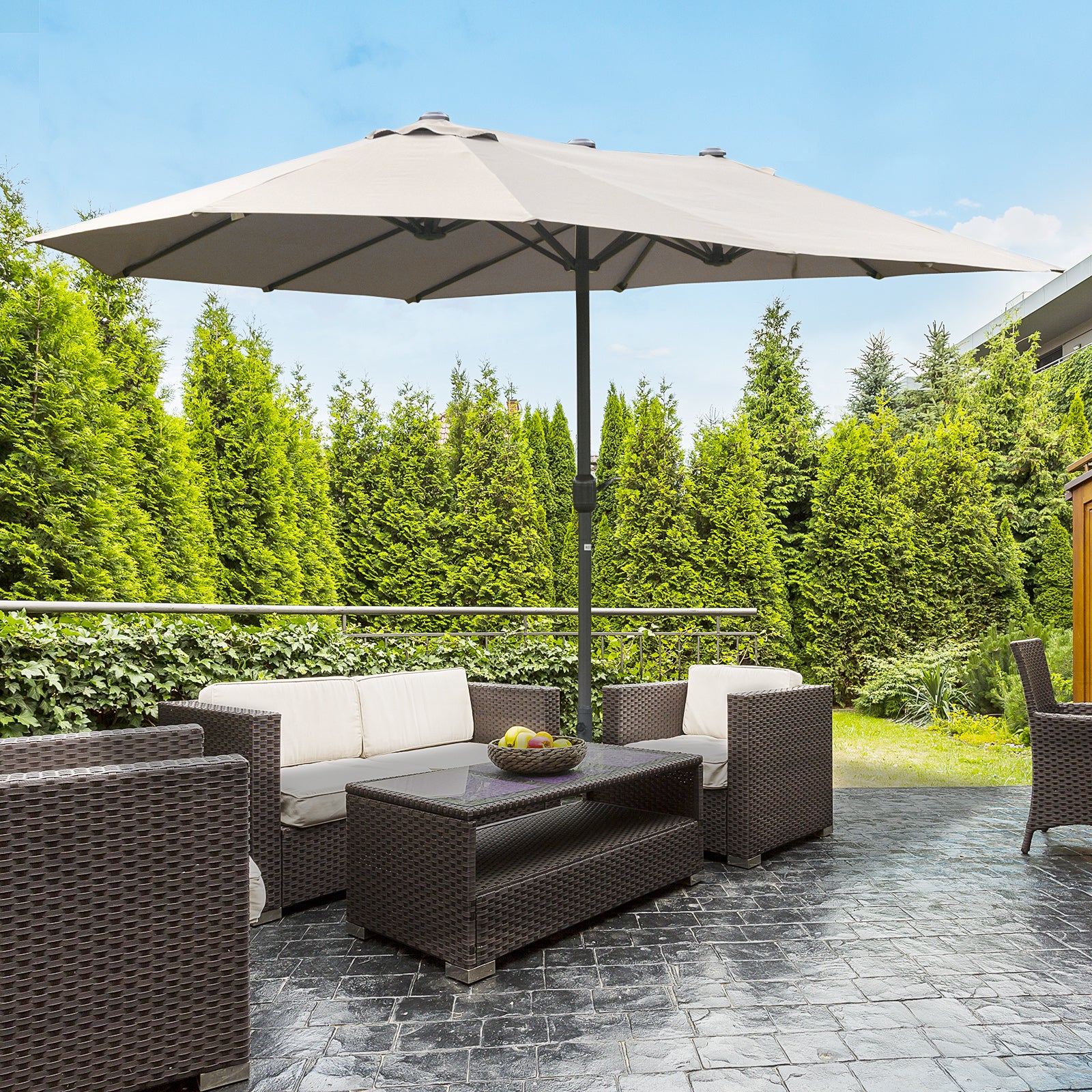 Patio Umbrella 15' Steel Rectangular Outdoor Double Sided Market with base, UV Sun Protection & Easy Crank for Deck Pool Patio, Coffee