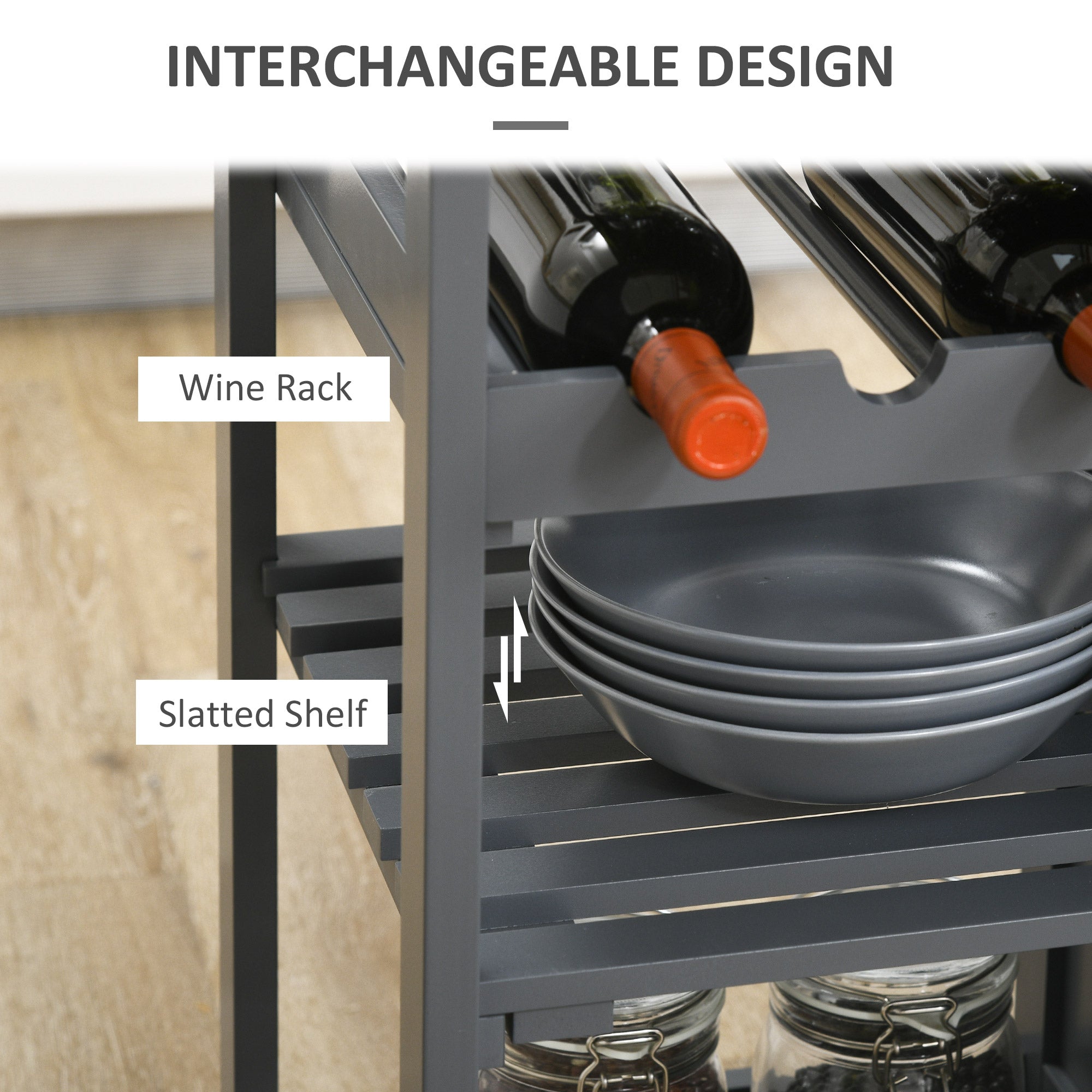 Rolling Kitchen Island with Storage, Kitchen Cart with 4-bottle Wine Rack, Bar Cart with Stemware Holder, Shelves, Drawer and Cabinet, Gray