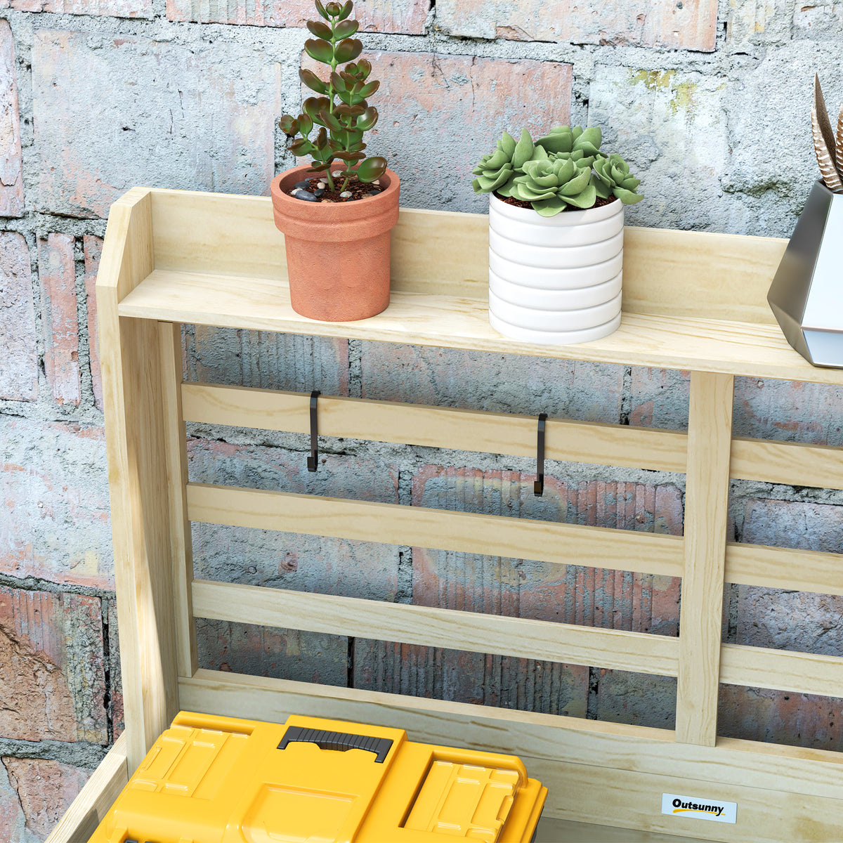 Wooden Potting Bench with Storage, Aluminum Tabletop for Backyard, Patio, Balcony, Natural
