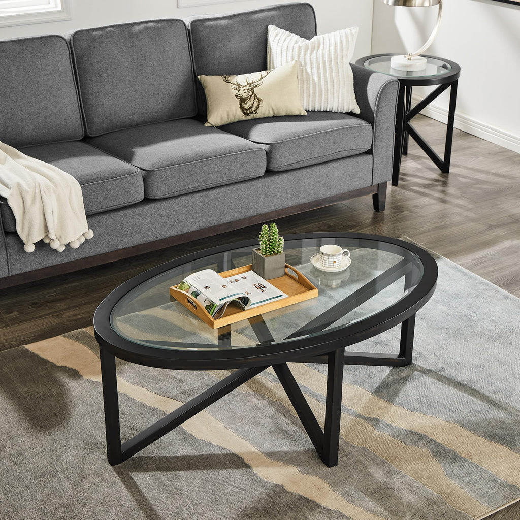 Modern Glass Coffee Table with Solid Wood Tripod Base, Anti-Scratch Curved Edges, Oval Desk for Living Room, 46.5" L x 28.5" W x 18" H, Black