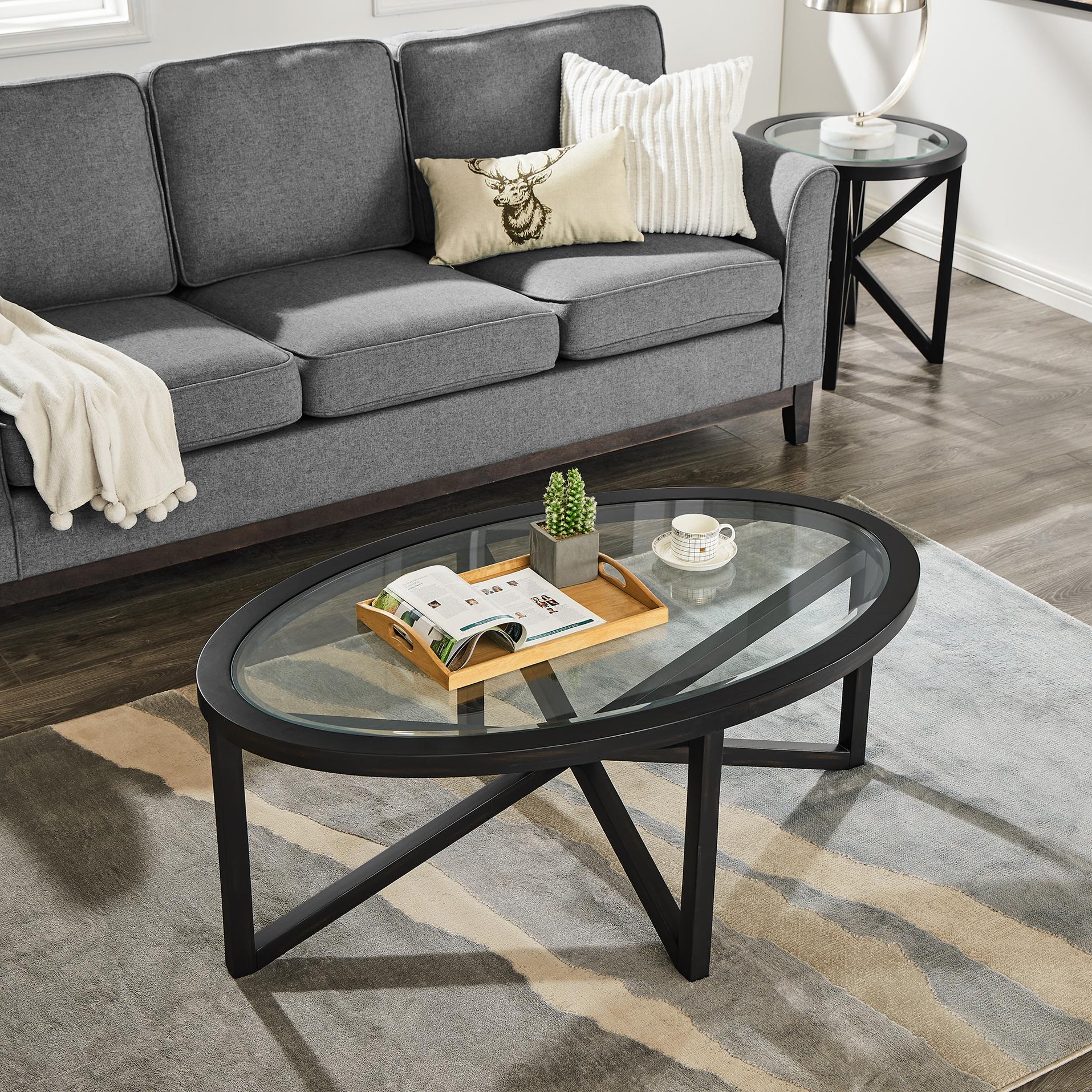 Modern Glass Coffee Table with Solid Wood Tripod Base, Anti-Scratch Curved Edges, Oval Desk for Living Room, 46.5" L x 28.5" W x 18" H, Black