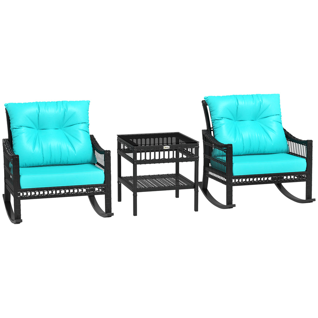 3 Piece Outdoor PE Rattan Rocker Chair Set, Rocking Chair with Tempered Glass Table Top, Turquoise Green