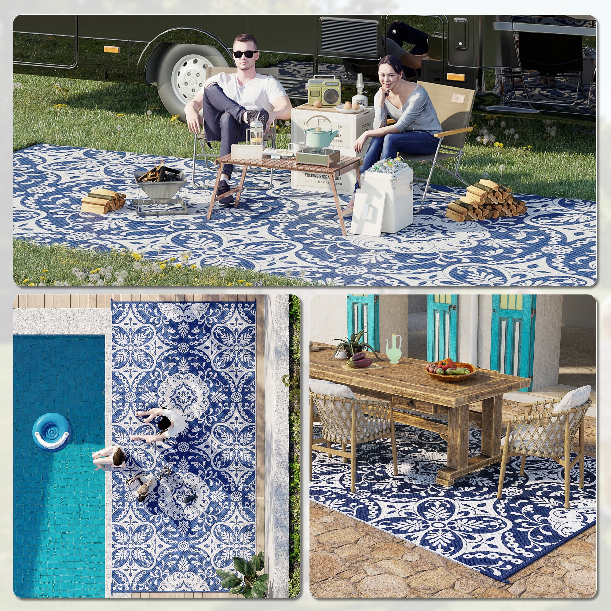 Outdoor Rug for Patio, 9' x 18' Waterproof Large Mat, Reversible Plastic Straw Rug for Decor, Portable Outside RV Camping Area Carpet Mat for Backyard Porch Deck Picnic, Blue & White Floral