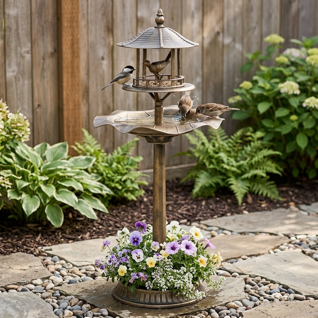 3 in 1 Garden Bird Bath Bowl Pedestal with Bird Feeder, Large Water Basin, Underneath Flower Planter, Bronze
