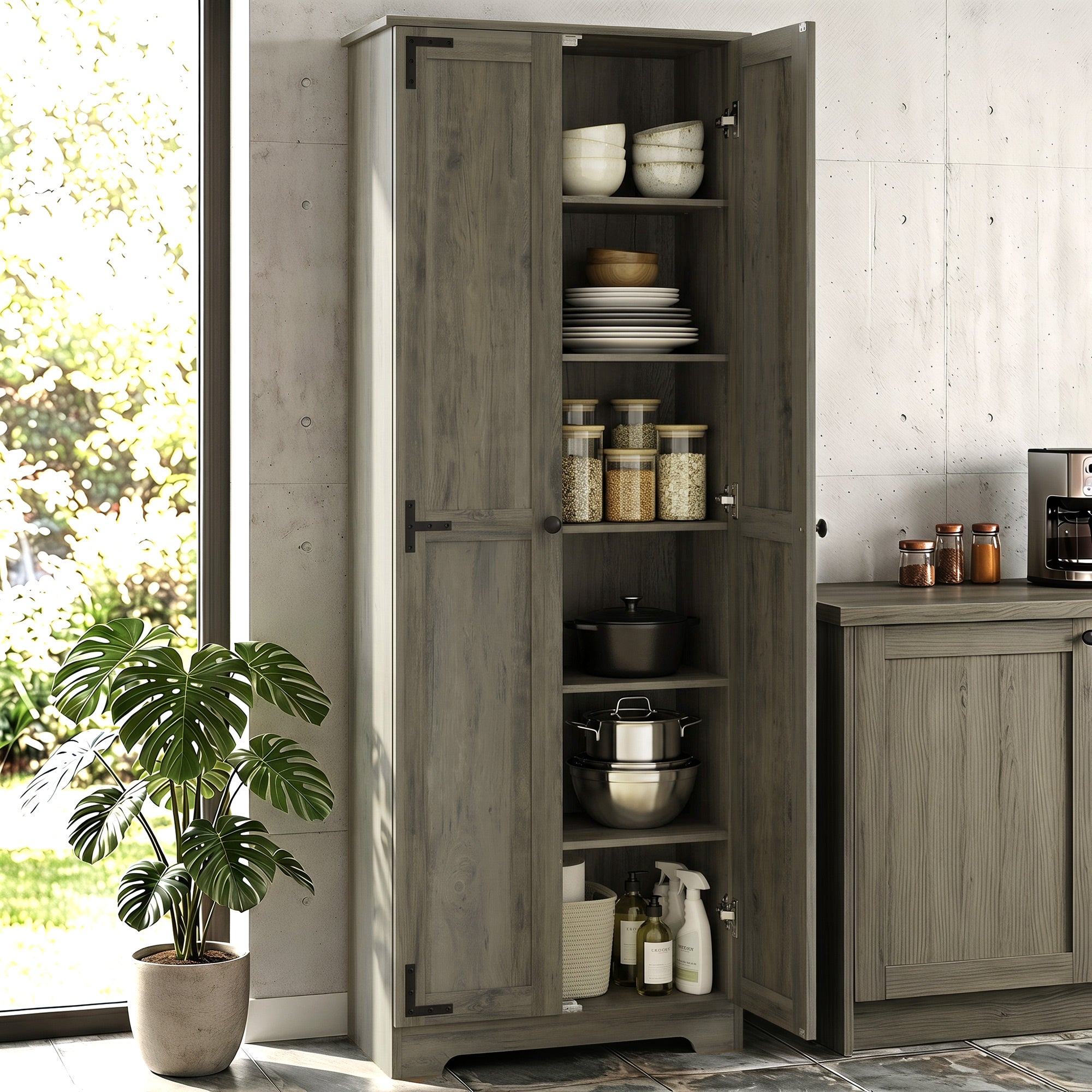 67" Farmhouse Pantry Cabinet, Freestanding Food Pantry Cabinet with Adjustable Shelves, Distressed Gray