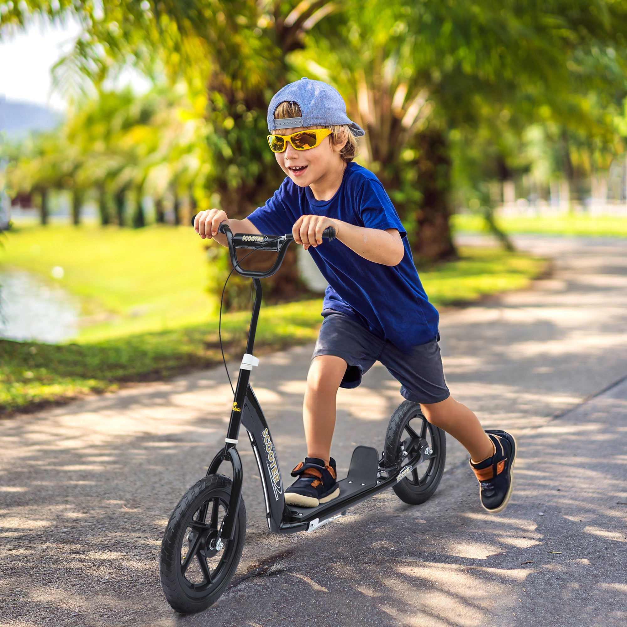 Kick Scooter for Kids 5-12 Years Old with Adjustable Height Handlebar, Non-slip Footplate, Big Wheels, Rear Brake, Black