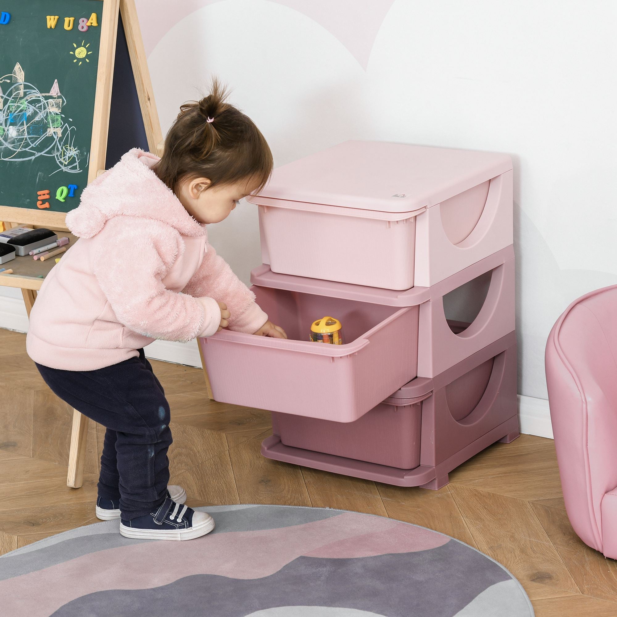 3 Drawers Kids Storage Unit, 3 Tier Stackable Toy Organizers and Storage Chest for Bedroom, Nursery, Playroom, Living Room, Boys, Girls, Toddlers, Pink