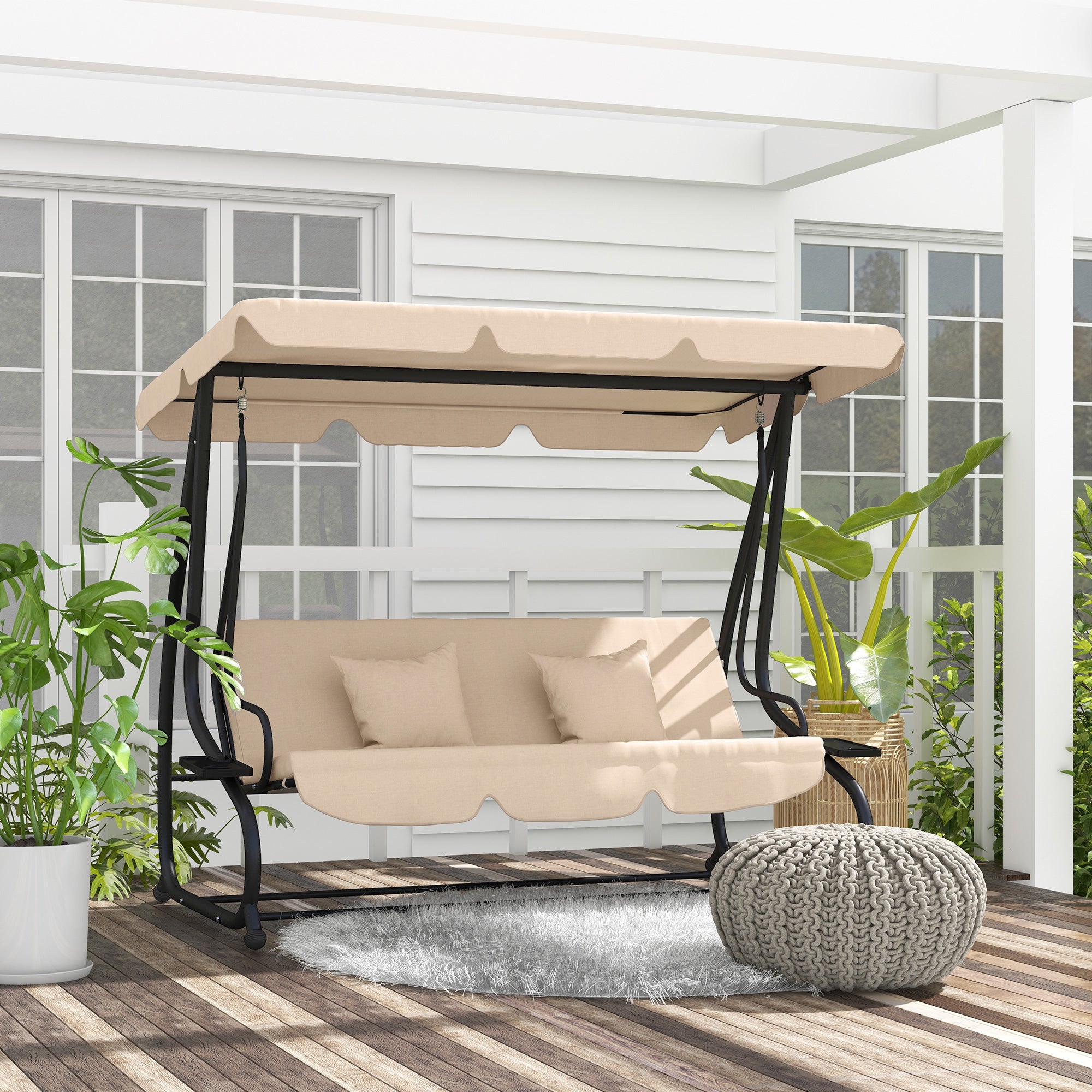 Free Standing Swing Bench, Porch Swing with Stand, Adjustable Canopy, Cushion and Pillows, Ecru