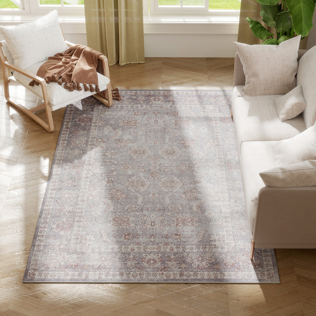 Machine Washable Area Rug 4x6, Non-Slip Traditional Flower Print Floor Carpet for Living Room, Bedroom, Grey and Brown