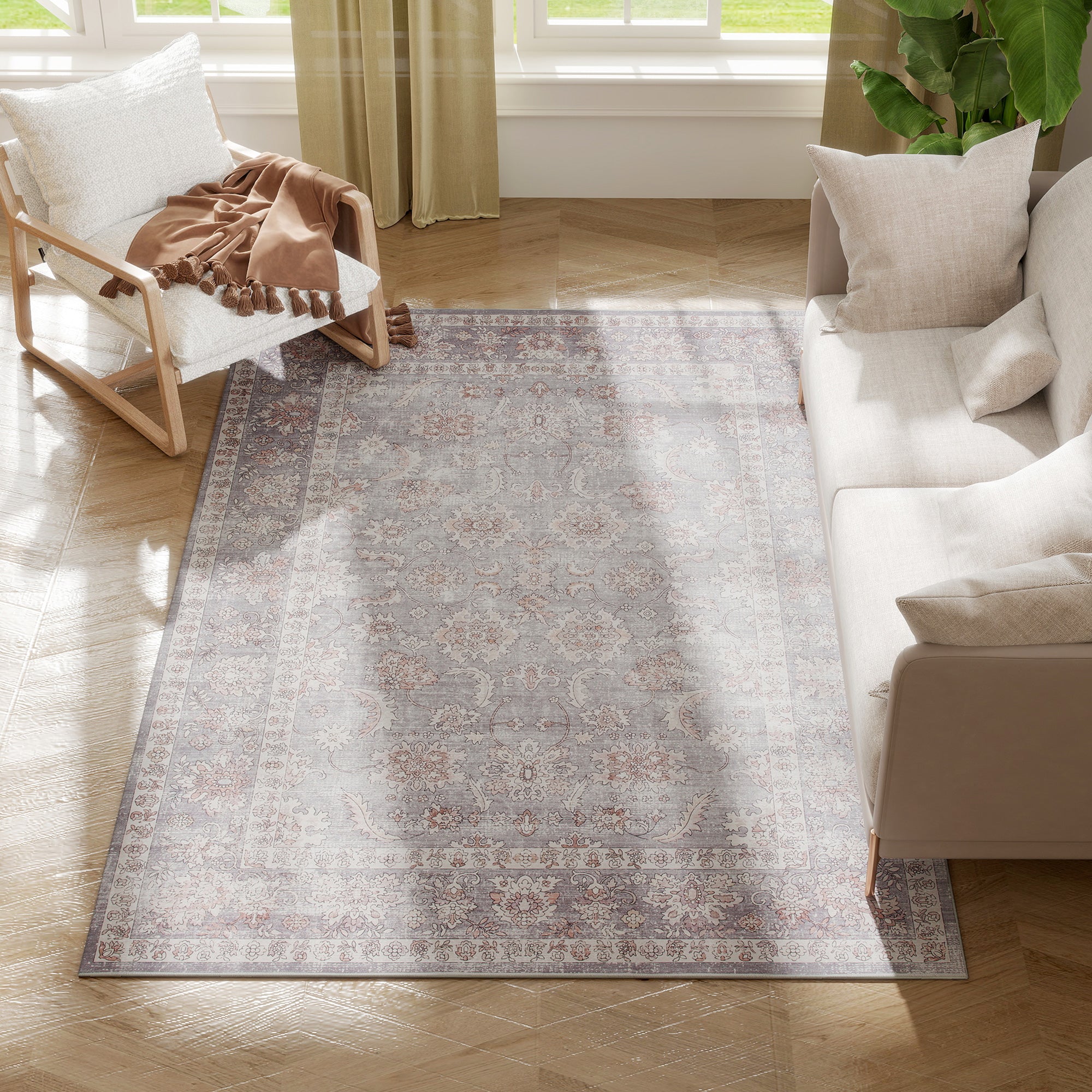 Machine Washable Area Rug 4x6, Non-Slip Traditional Flower Print Floor Carpet for Living Room, Bedroom, Grey and Brown