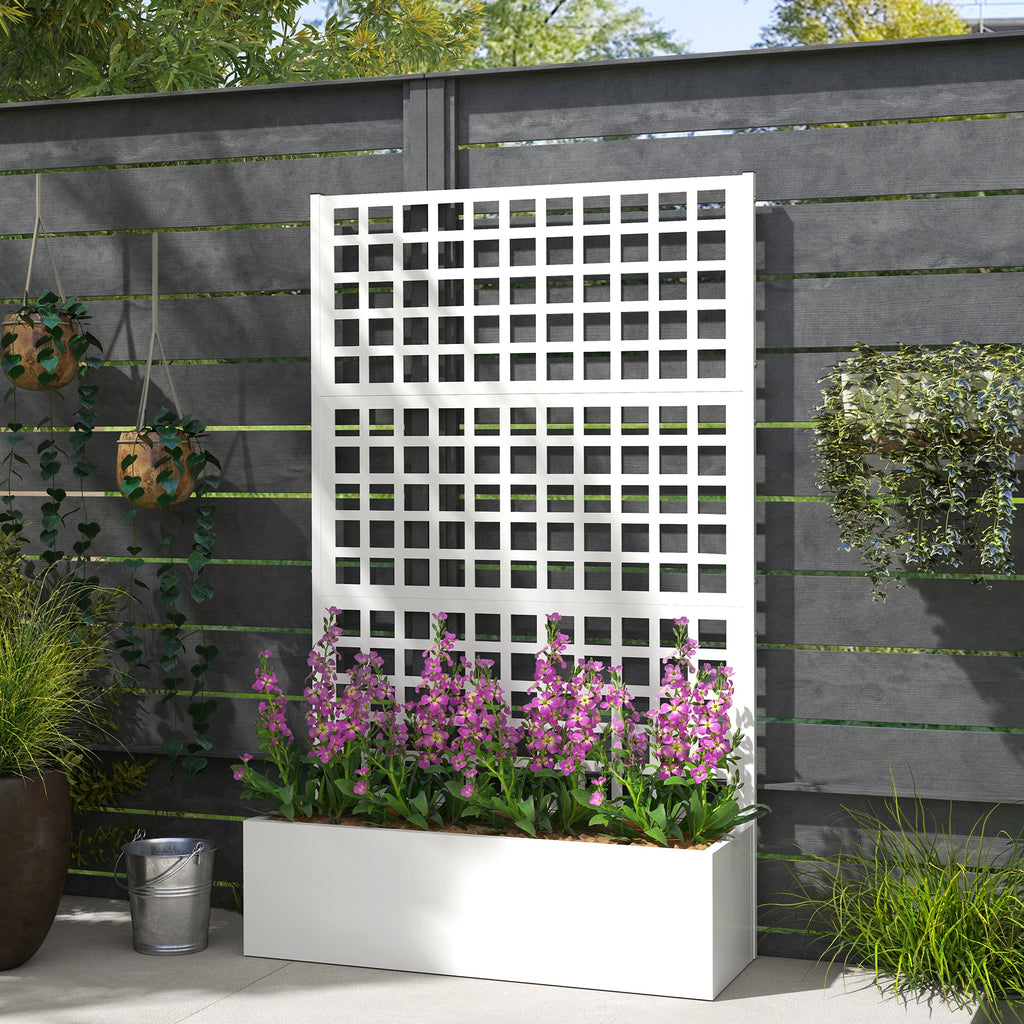 Galvanized Raised Garden Bed Planter Box with Trellis for Climbing Plants, Vegetable, Vines, 43" x 16" x 70", White