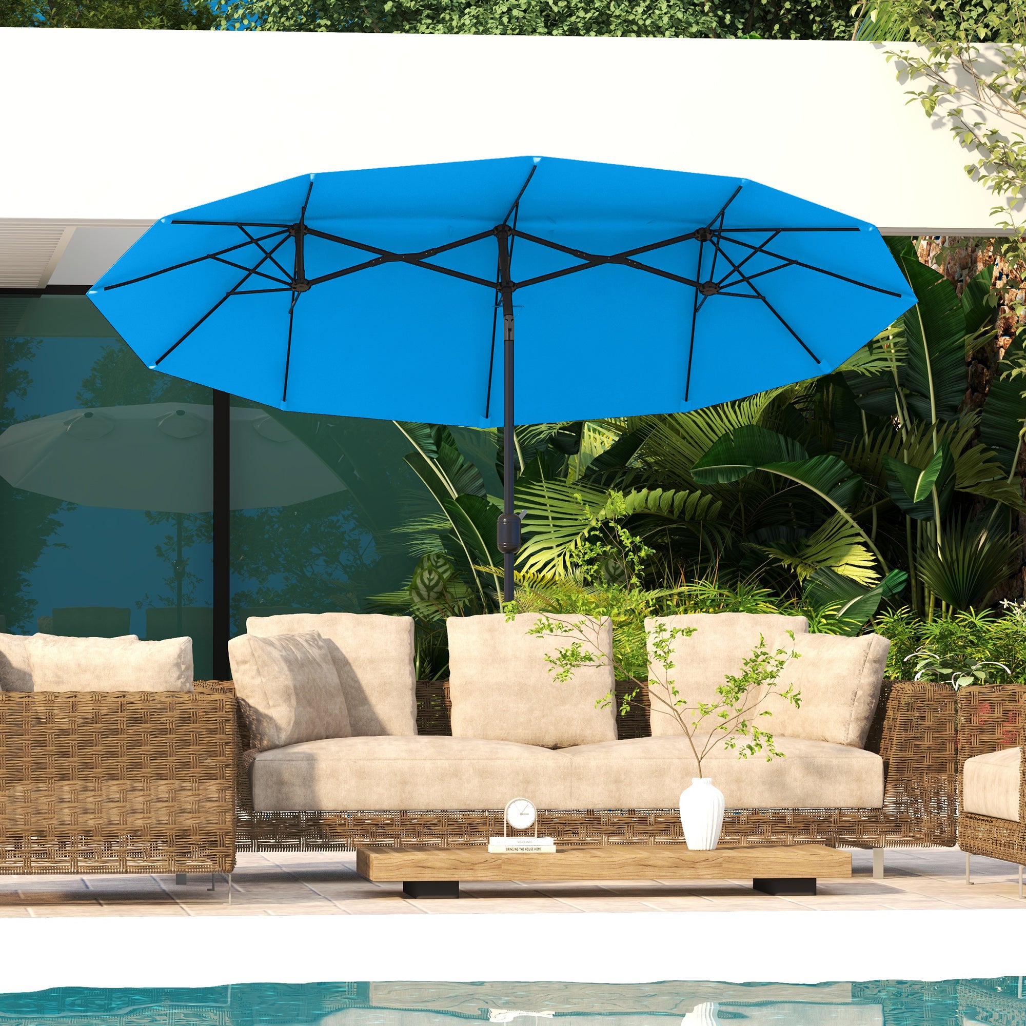Double-sided Patio Umbrella, 9.5' Outdoor Umbrella with Push Button Tilt and Crank, 3 Air Vents and 12 Ribs, Cyan Blue