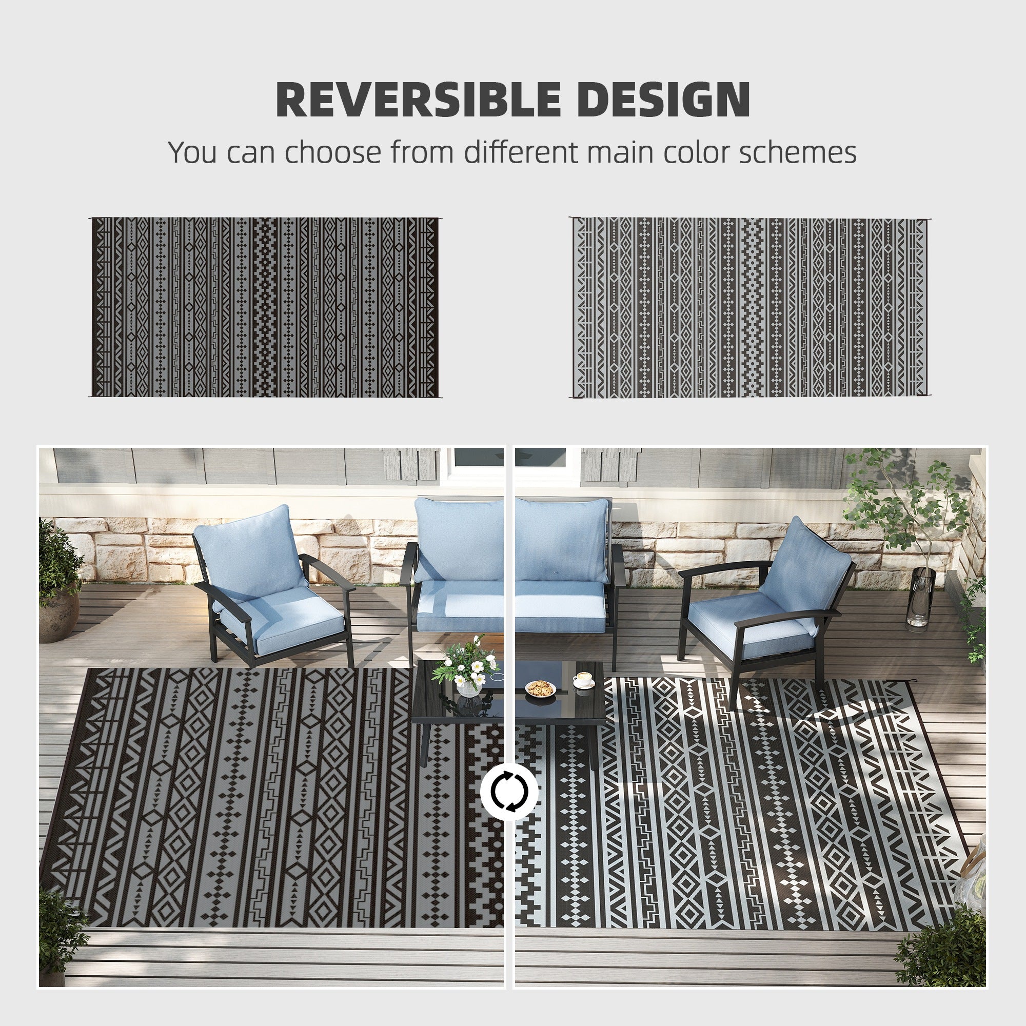 Reversible Outdoor Rug, Waterproof Plastic Straw with Carry Bag, 9' x 18', Black & Gray Geometric Wall