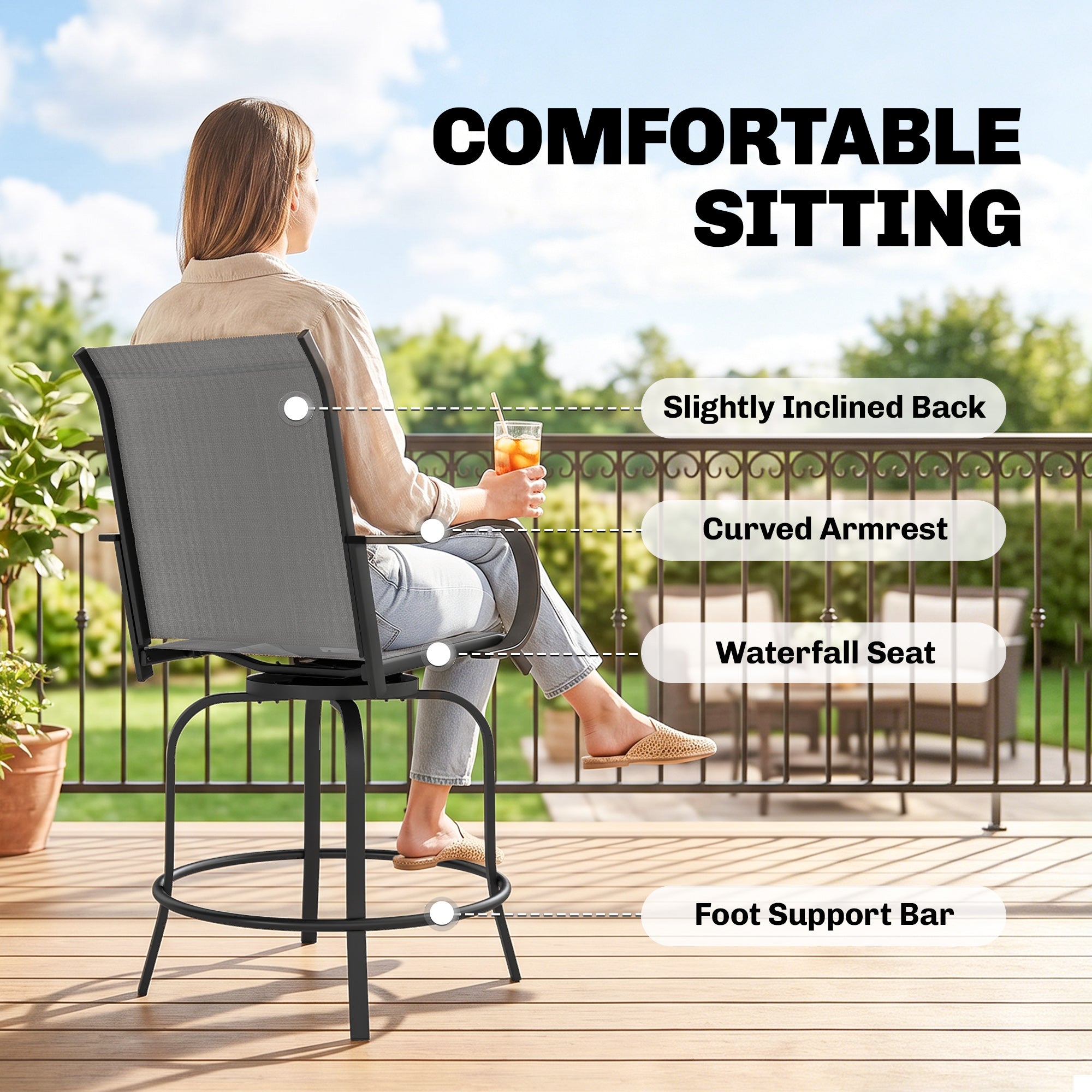 Outdoor Bar Stools Set of 2, 360° Swivel Bar Height Chairs, 26.75" x 29.5" x 48.5", Gray