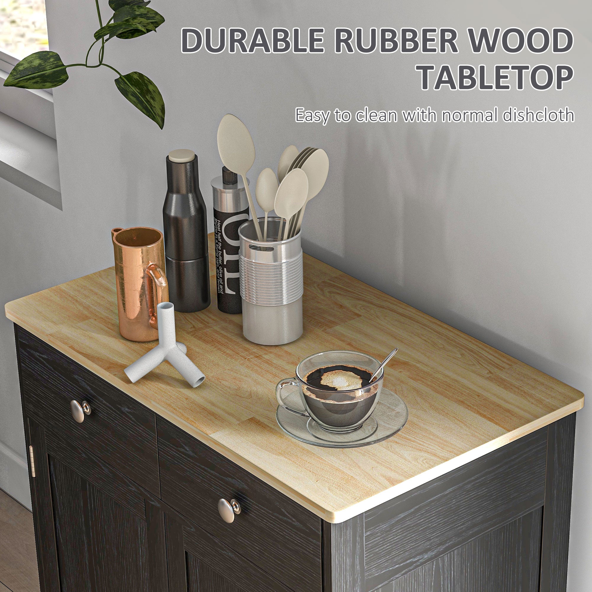 Kitchen Storage Cabinet, Sideboard Floor Cupboard with Solid Wood Top, Adjustable Shelf, and 2 Drawers, Distressed Black