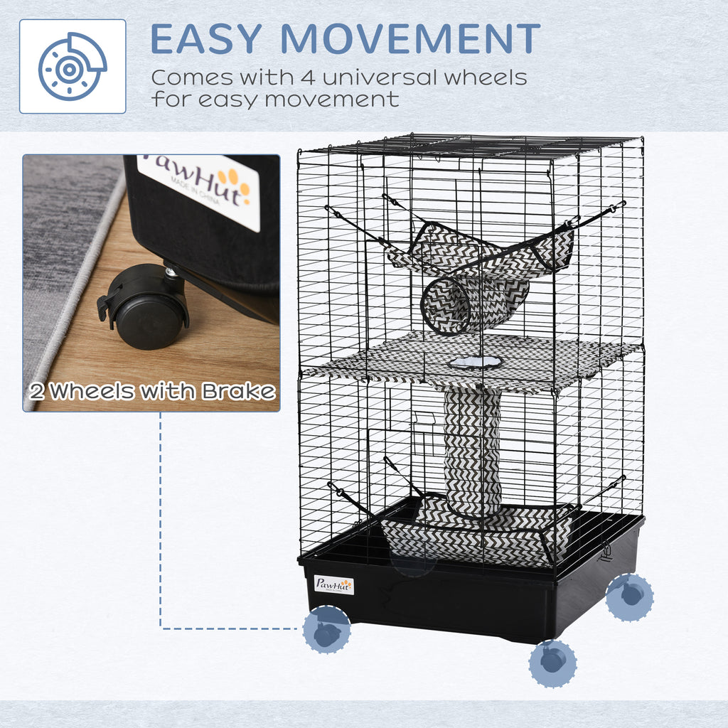 42" Ferret Cage, Small Animal Habitat Metal Pet Cage with Wheels Brakes, Hammocks, Hanging Tunnels, and 3 Doors, Black