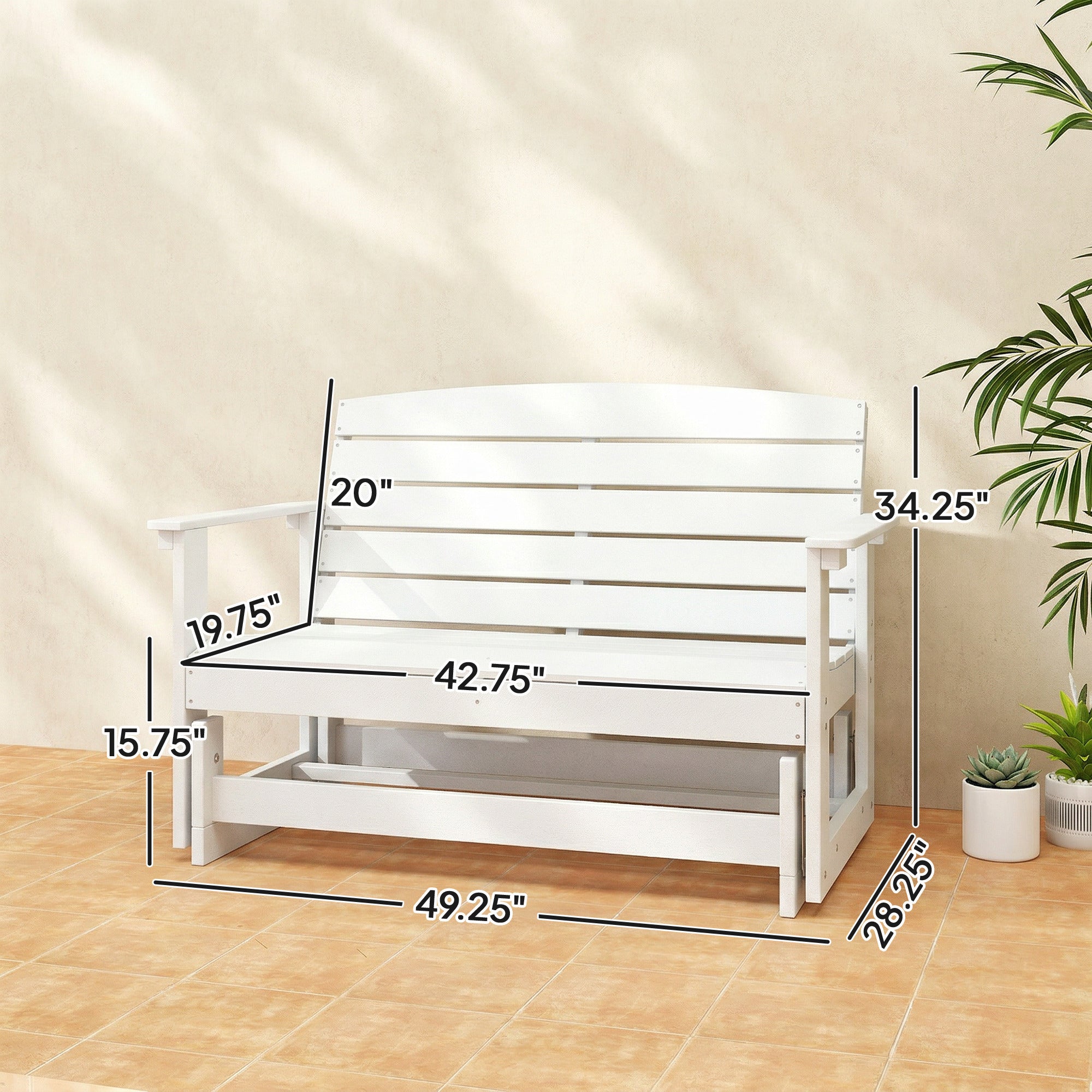 Patio Glider Bench w/ HDPE Slatted Double Rocking Chair, White