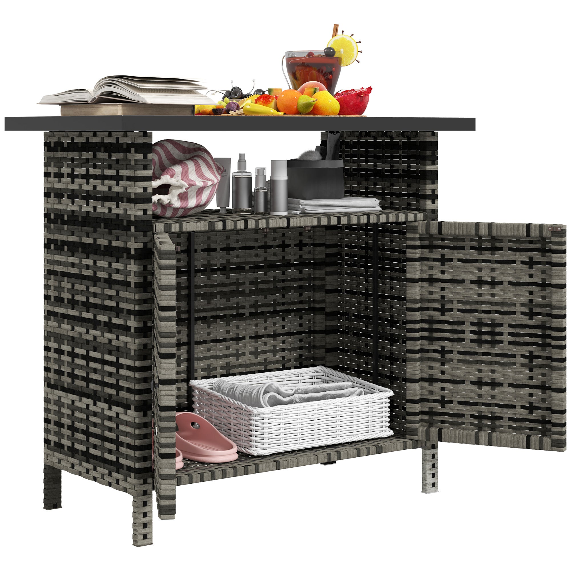 Wicker Outdoor Storage Cabinet with Two Doors and Shelf for Outdoor Pool Towel Storage, Mixed Gray