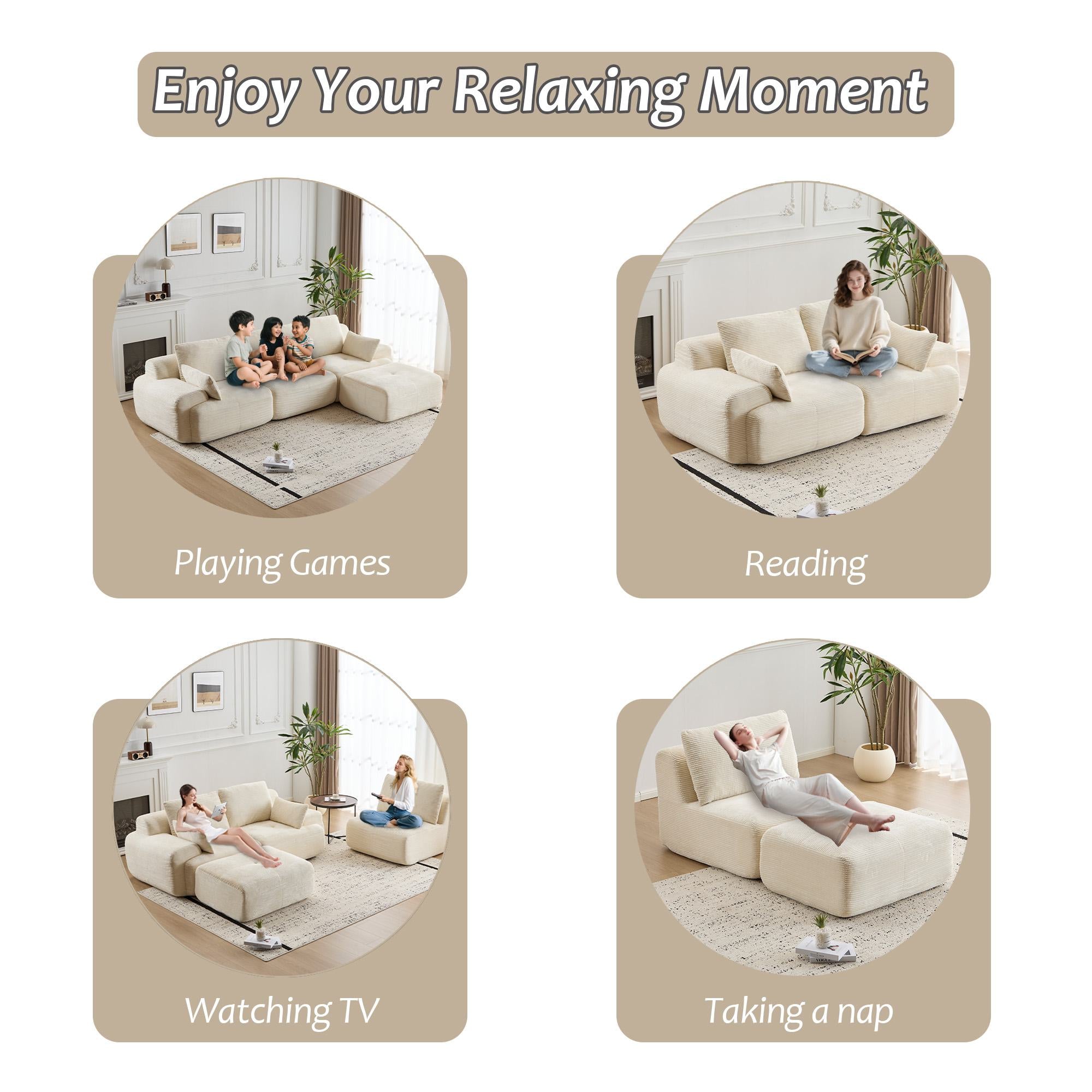 Compressed Sofa Modern Memory Foam Sectional, Pet-Friendly Corduroy Couch, Extra Deep Loveseat for Living Room, 120" L x 71" W x 28.5" H, Beige