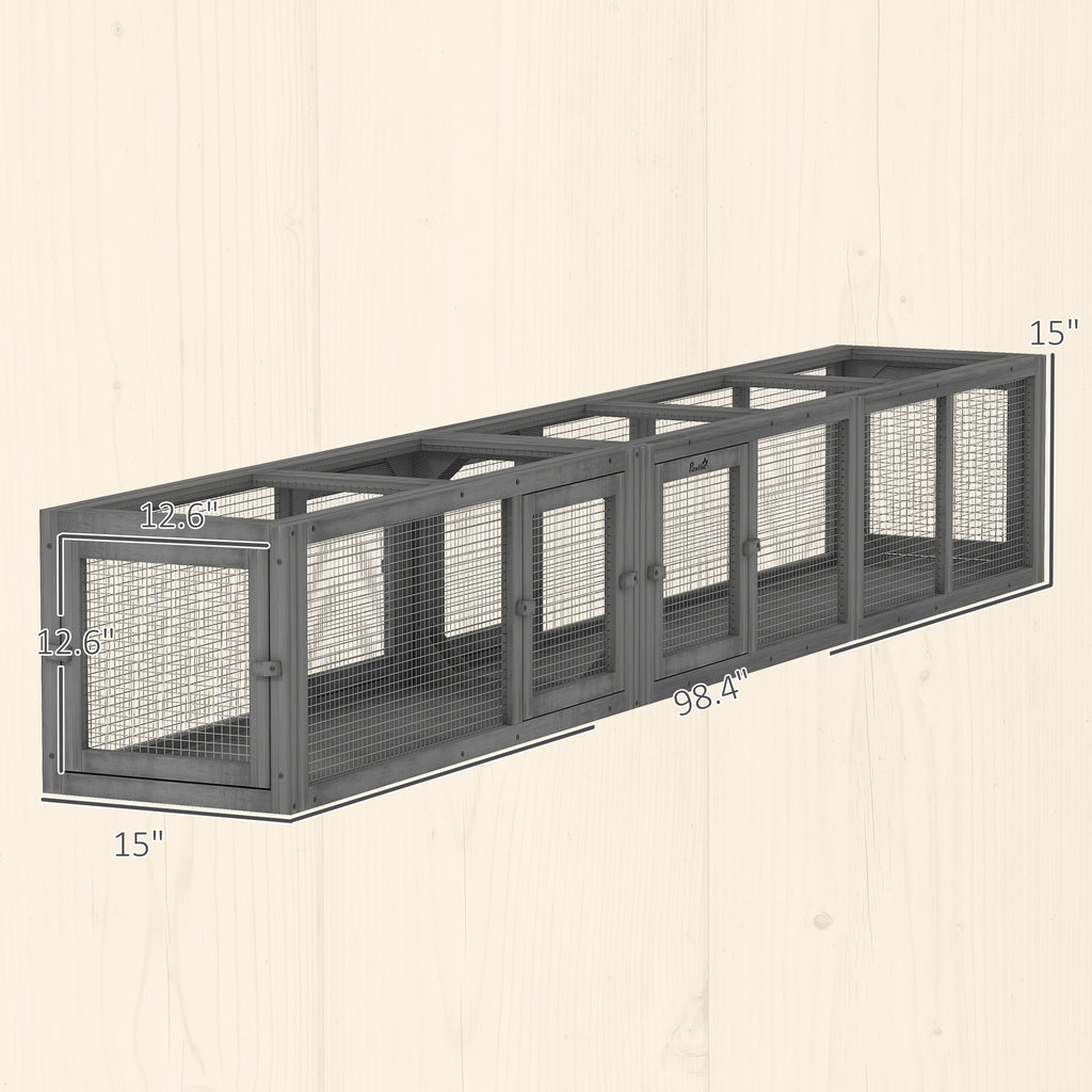 Wooden 98" Cat Tunnel for Outdoor with Combinable Design, 8 Doors, Dark Gray