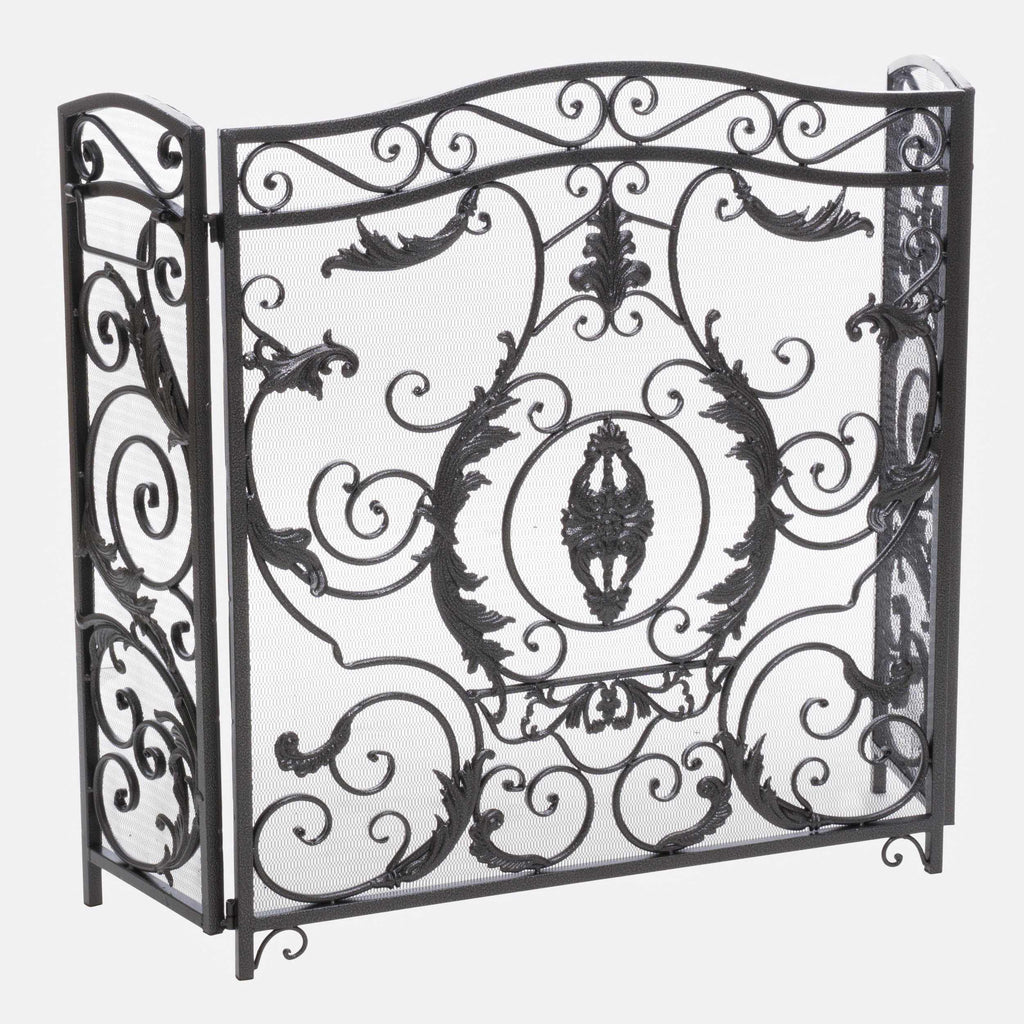 Retro style Fireplace Screen with Ornate Floral Iron Design and Three-Panel, No Assembly Required, 53.5" L x 2" W x 36.5" H, Black+Silver