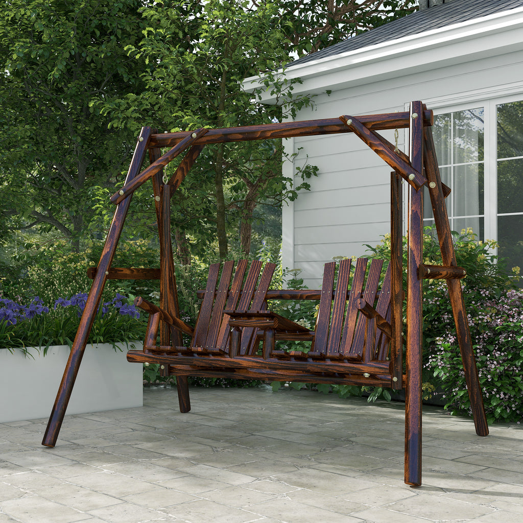 Wooden Porch Swing with Stand, 2-Seat Patio Swing Chair with Center Table, for Garden, Poolside, Backyard