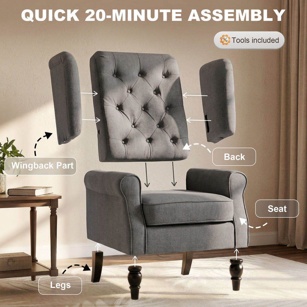 Wingback Accent Chair for Living Room, Button-Tufted Lounge Chair with Round Armrests and Wood Legs, Dark Gray