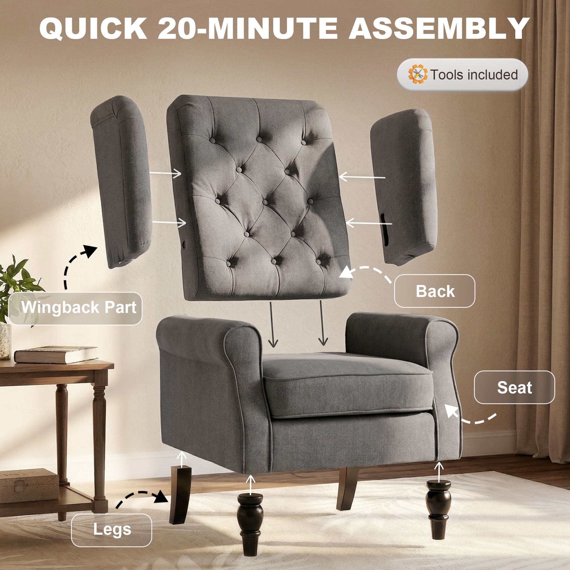 Wingback Accent Chair for Living Room, Button-Tufted Lounge Chair with Round Armrests and Wood Legs, Dark Gray