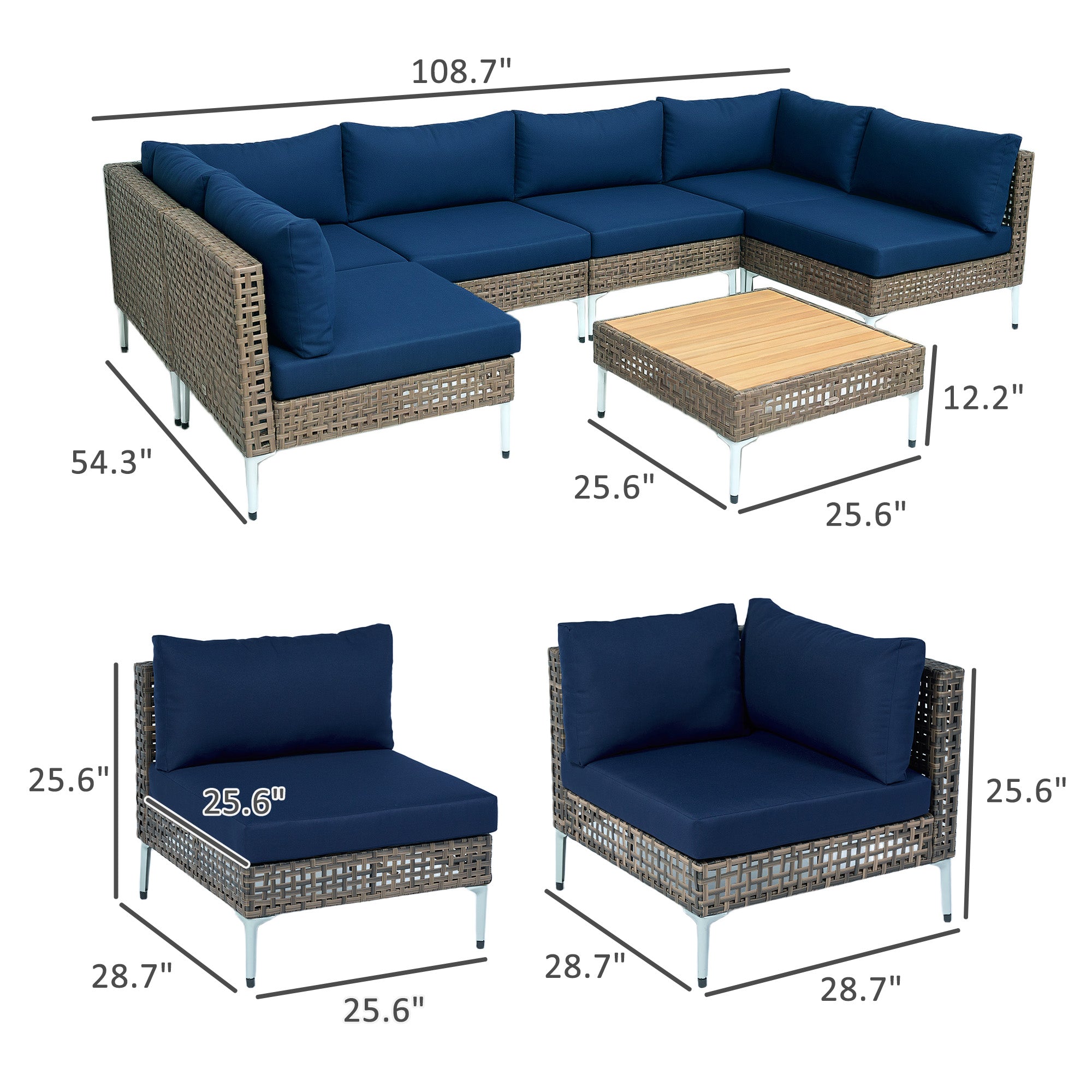7 Piece Wicker Patio Furniture Set, Modular Outdoor Sectional with Thickened Cushions, Acacia Wood Table, Brown/Blue
