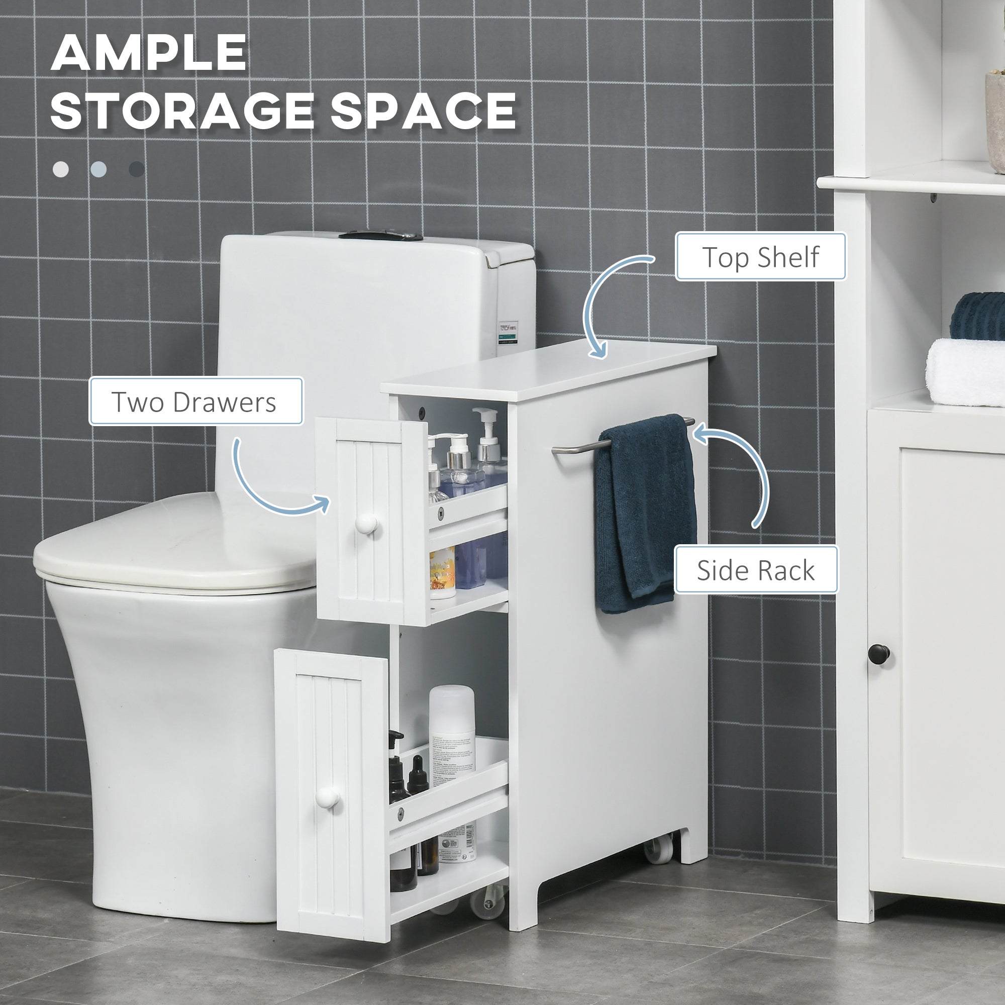 Slim Bathroom Cabinet, Freestanding Storage Cabinet, Toilet Paper Holder with Two Drawers, Side Towel Rack, and Wheels, 7 x 20.5 x 24.75 Inches, White