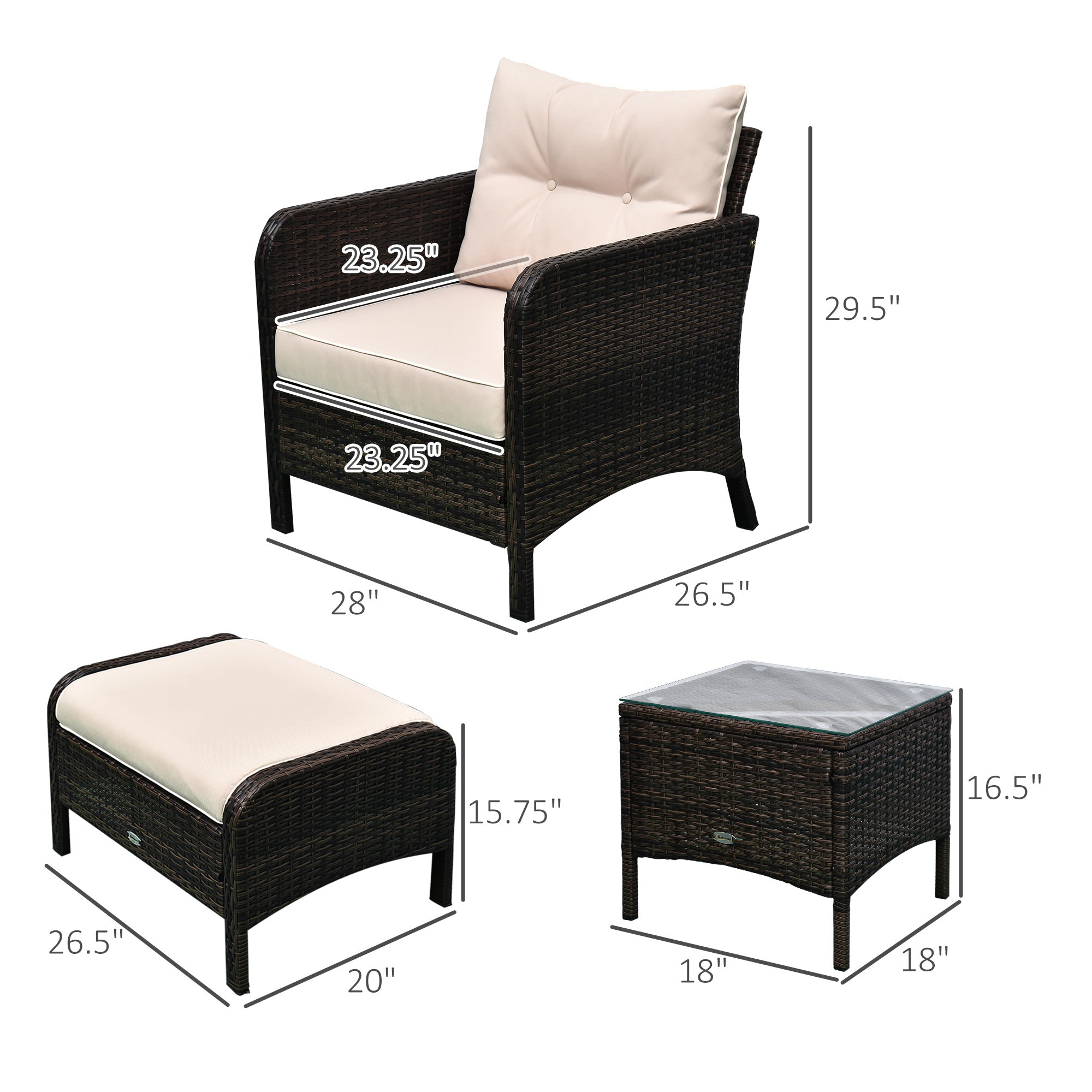 5 Pieces Rattan Wicker Lounge Chair Outdoor Patio Conversation Set with 2 Cushioned Chairs, 2 Ottomans and Tempered Glass Top Coffee Table