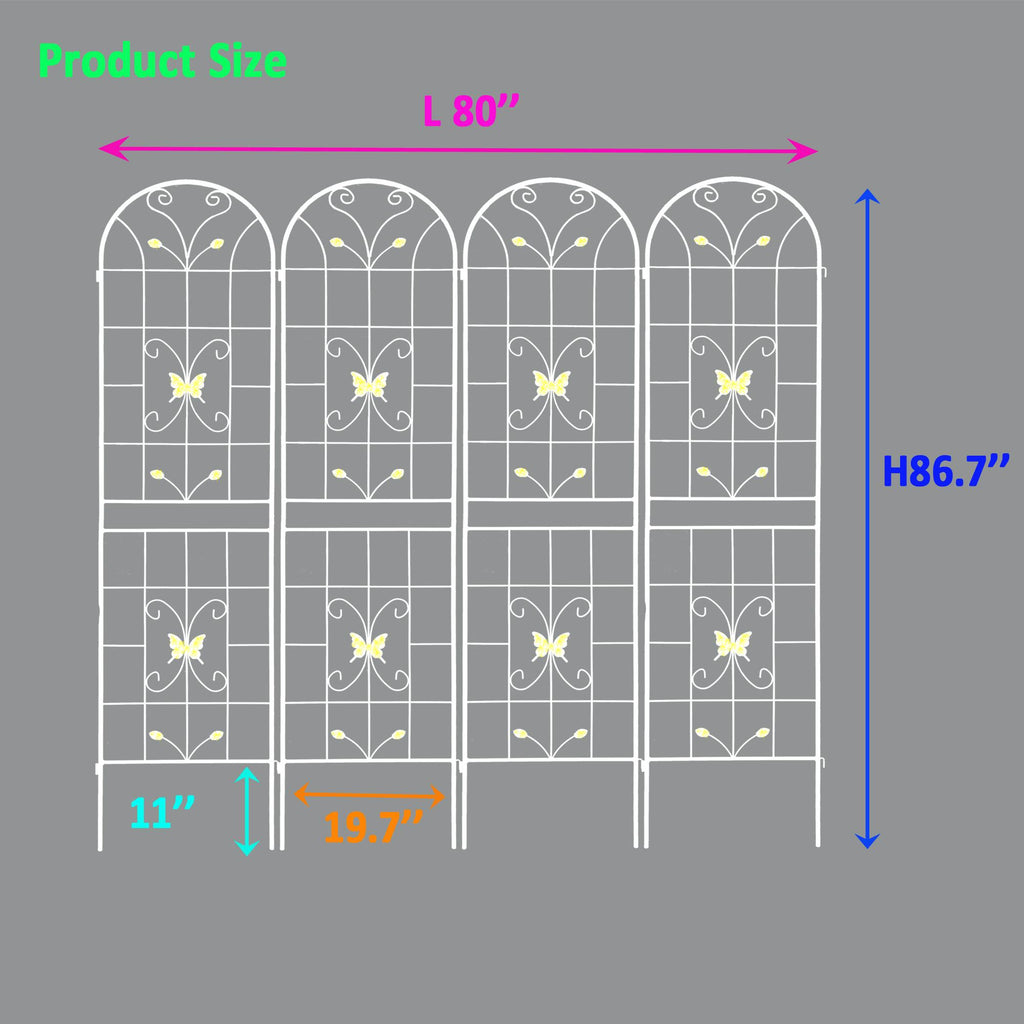 4 Pack Metal Garden Trellis with Butterfly Decoration and Galvanized Round Pipe, Rustproof Climbing Plant Support, Cream White