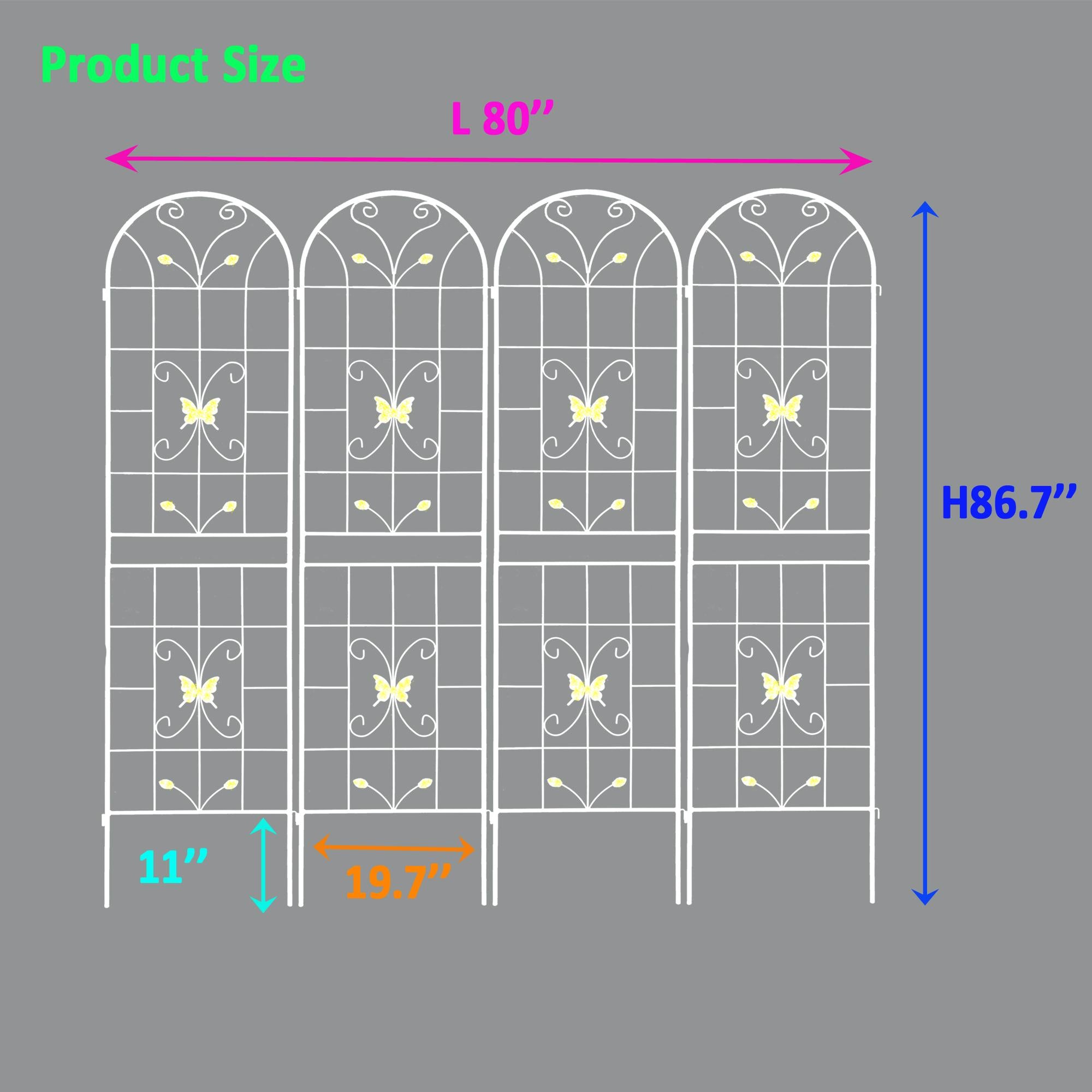 4 Pack Metal Garden Trellis with Butterfly Decoration and Galvanized Round Pipe, Rustproof Climbing Plant Support, Cream White