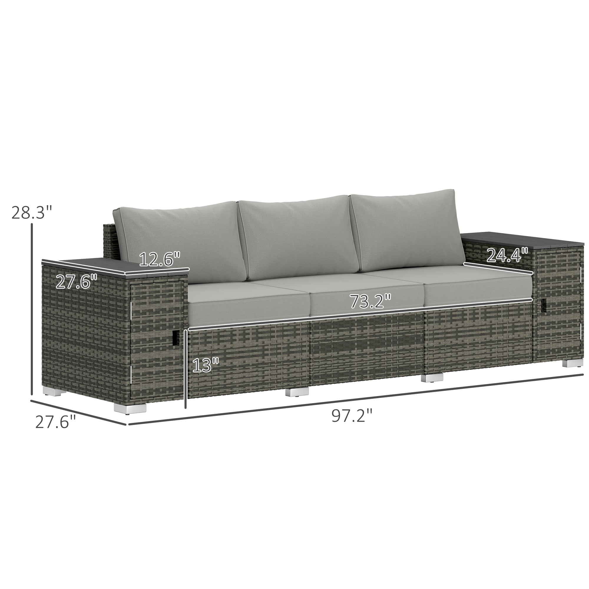 3 Seater Wicker Outdoor Couch Patio Sofa with Storage, Thickened Cushions and Wide Armrests for Porch Yard, Gray